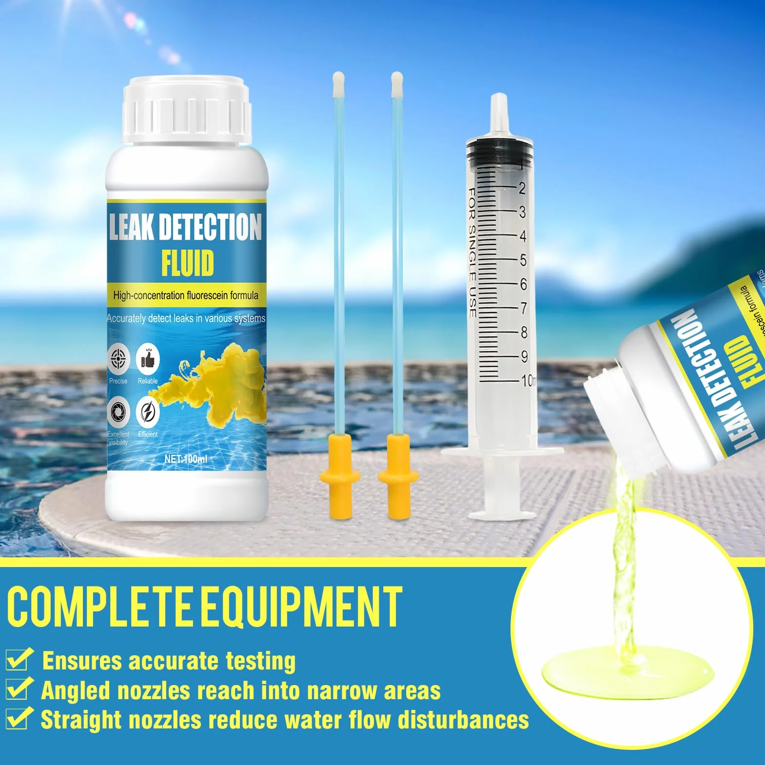 Colorant Fuite Piscine, Détecteur Fuite Piscine, Fluorescéine Forte, Solubilité dans l'Eau
