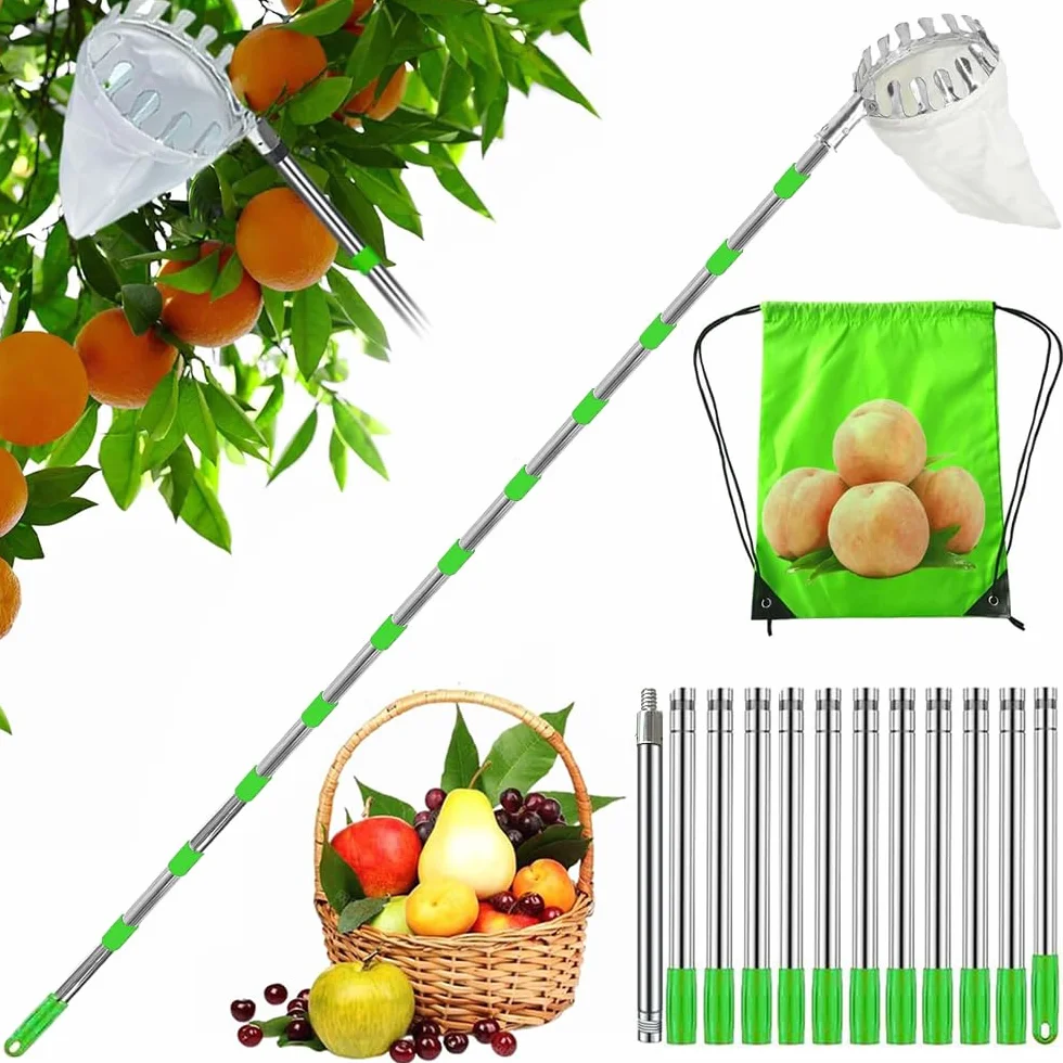 HEYIDAMAI Récolteur de fruits, récolteur de pommes, aide à la récolte 453 cm, pince à fruits facile à monter, récolteur de cerises avec rallonge légère en acier inoxydable, tige de connexion et sac en