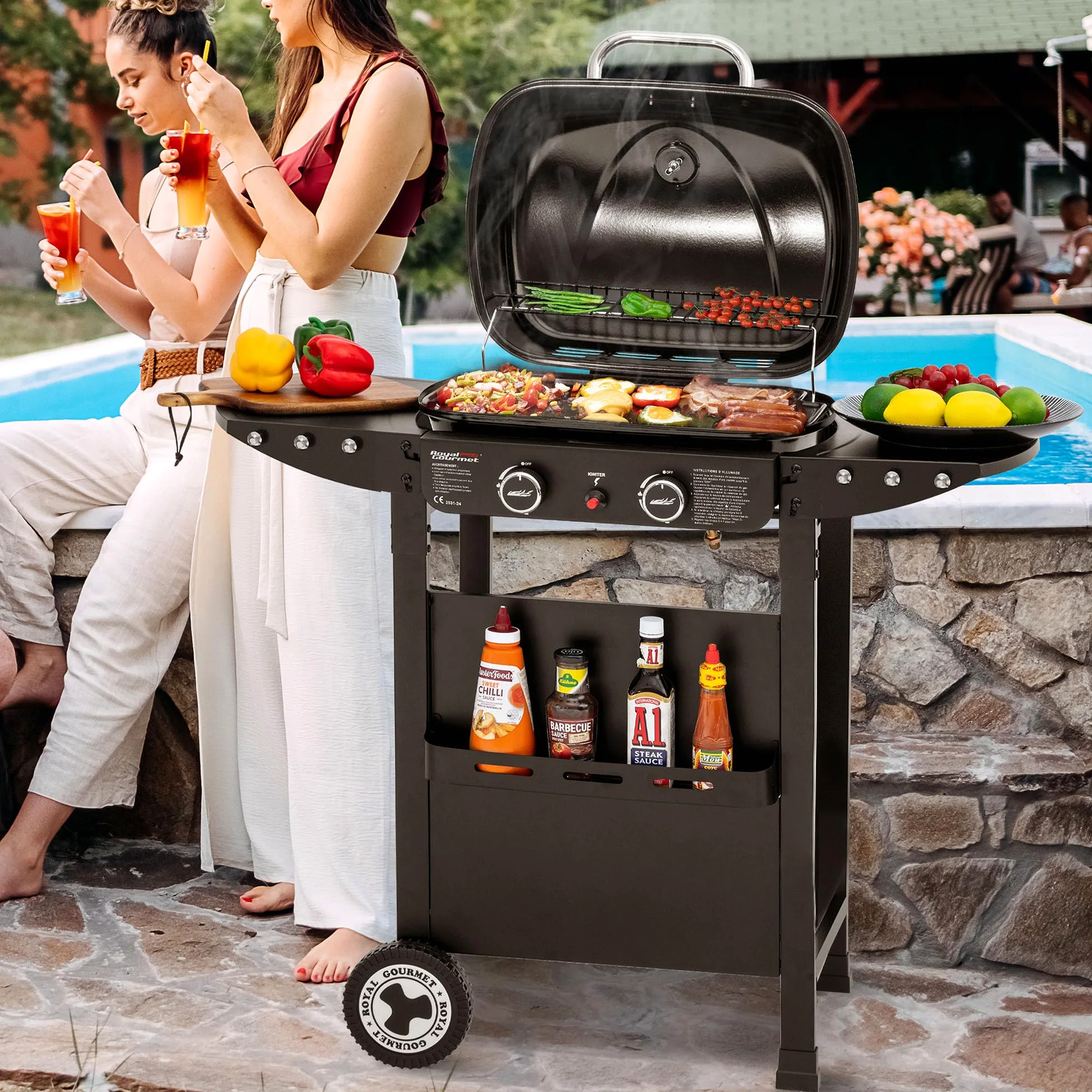 Royal Gourmet 2 Brûleurs Barbecue Gaz sur Chariot, 2 en 1 Plaque et Grille Combinés avec Tables Latérales Pliables et Couvercle, Puissance 5kW, Adapté pour Jardin et Camping, Noir