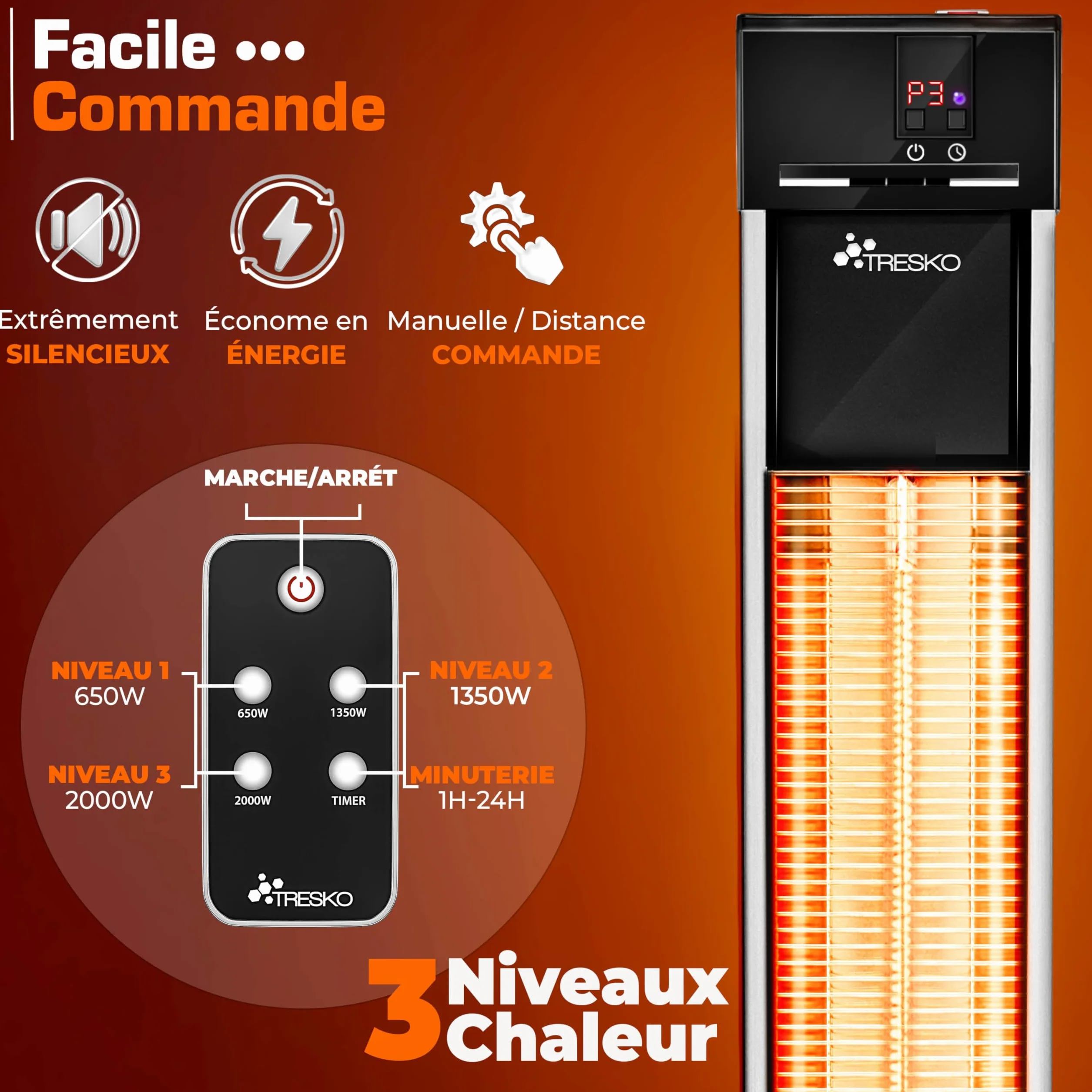 TRESKO Radiateur infrarouge sur pied 2000W | Chauffage radiant électrique intérieur extérieur avec télécommande