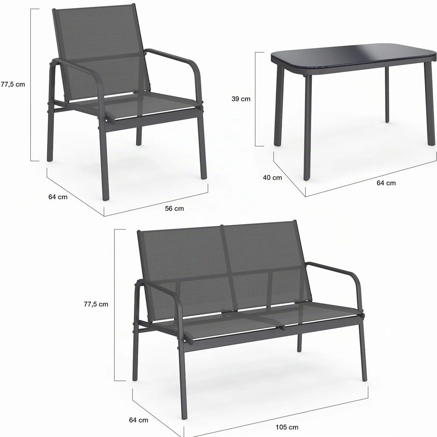 Salon de Jardin TOLEDE 4 Places Canapé Fauteuils Table Gris Anthracite