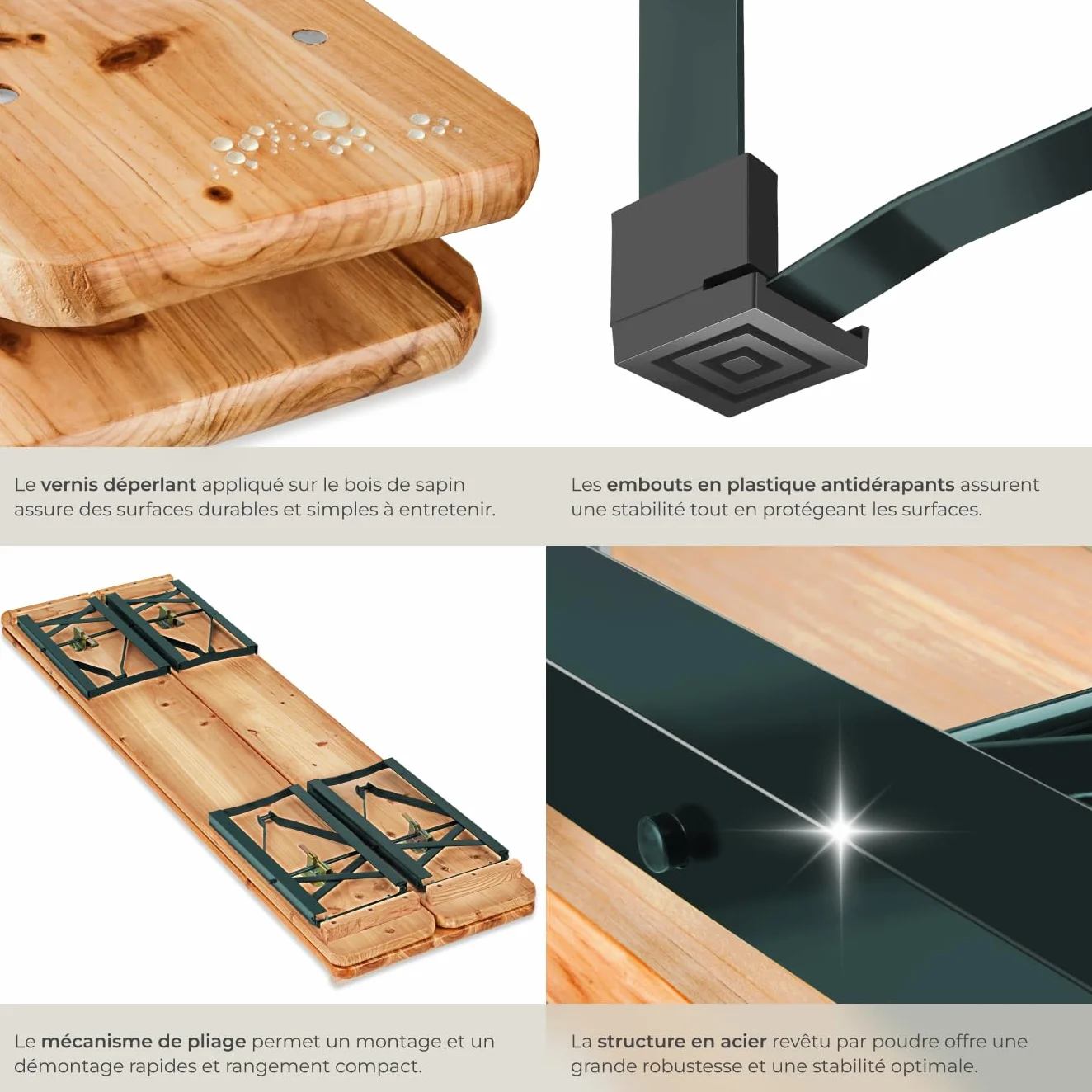 Tectake Table et Banc en Bois de Brasserie 3 pièces Pliable avec Support Parasol