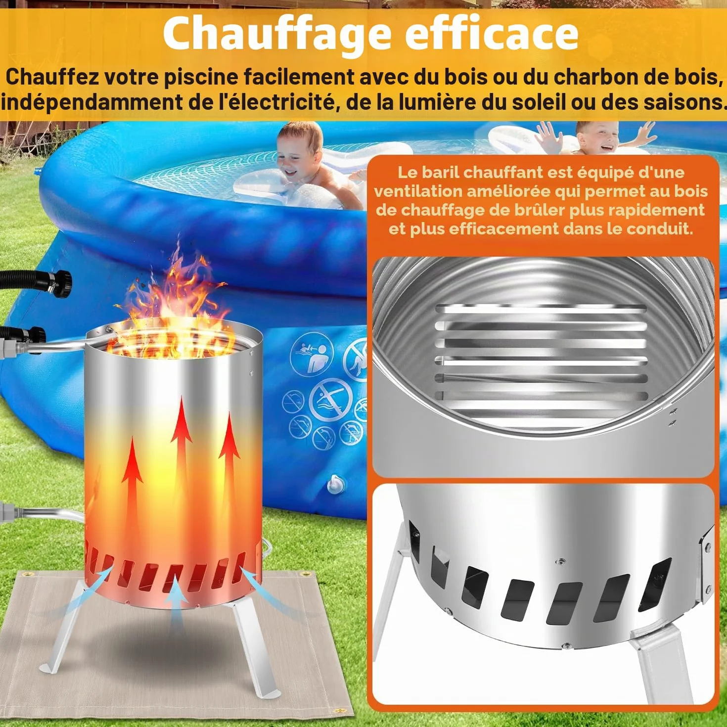 Chauffage de piscine acier inoxydable 32-38 mm avec feu et spirale chauffante
