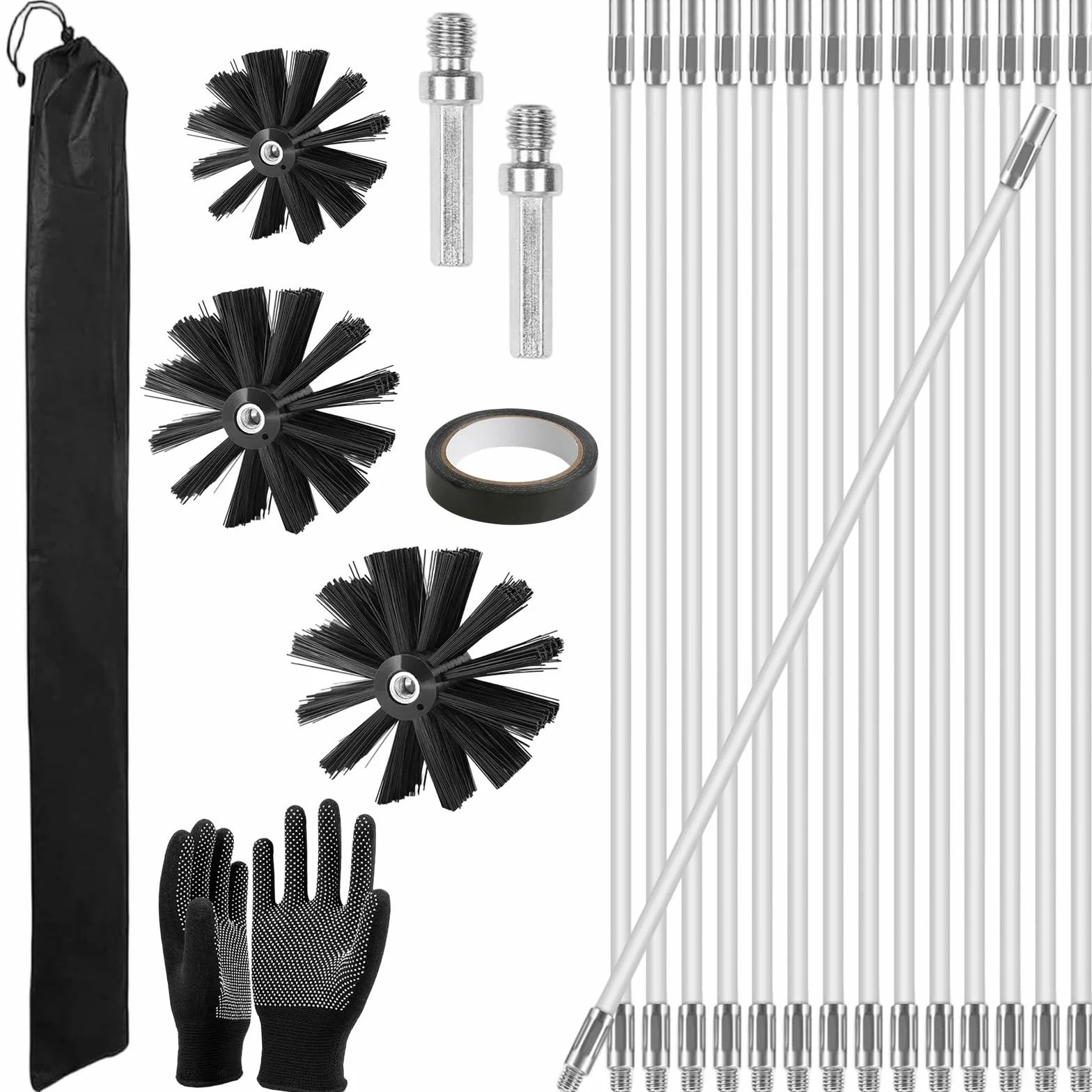 Kit Brosse Nettoyage Cheminée 23 Pcs avec 3 Têtes Brosses, 15 Tiges Ramonage Flexibles 410mm, Balai Tuyau Nylon