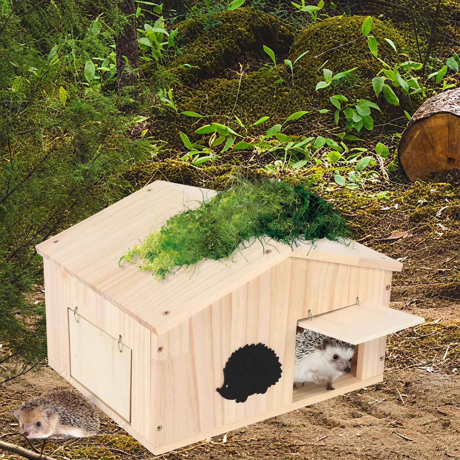 Maison pour hérisson en bois avec rabat et fond - Résistant à l'hiver - Avec entrée labyrinthe et toit incliné