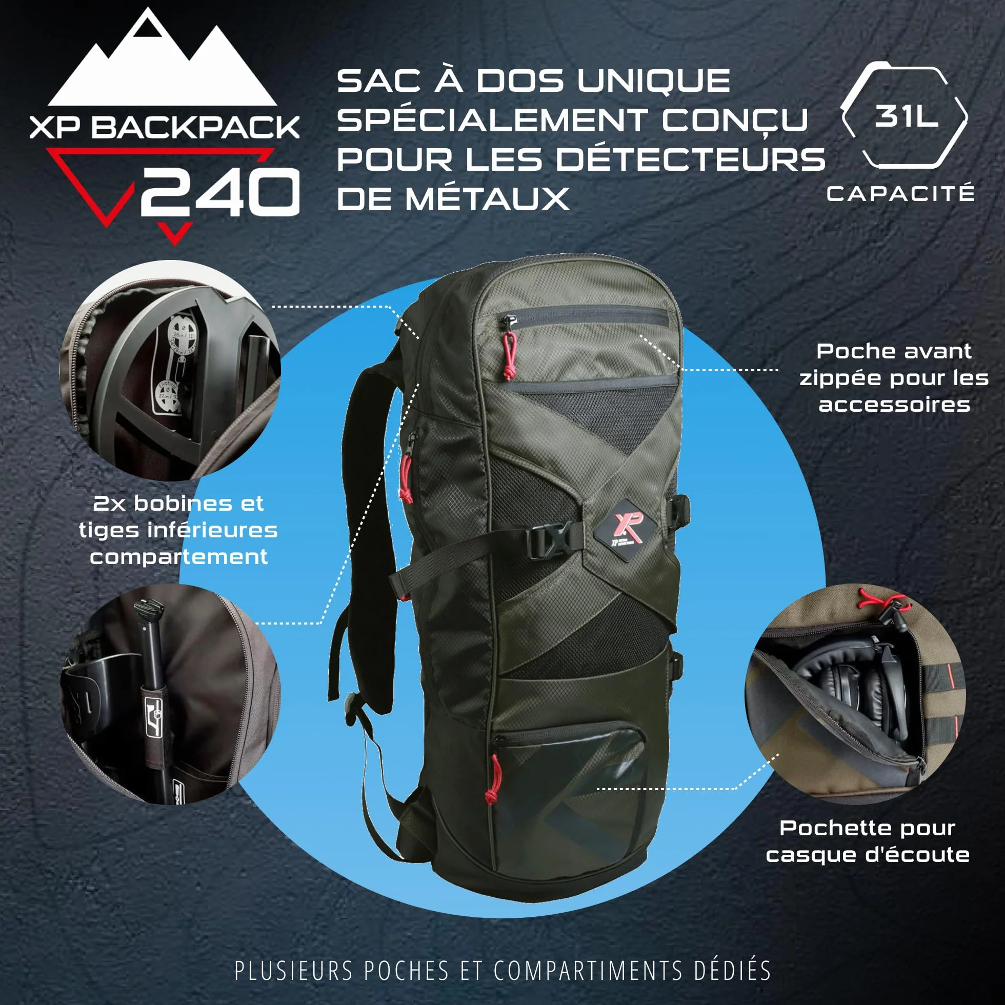 XP Metal Detectors Backpack240, Sac à Dos léger et Robuste conçu spécialement pour détecteur de métaux, Ergonomique et Pratique avec Plus de 8 Pochettes et Compartiments dédiées (XPBACKPACK240)