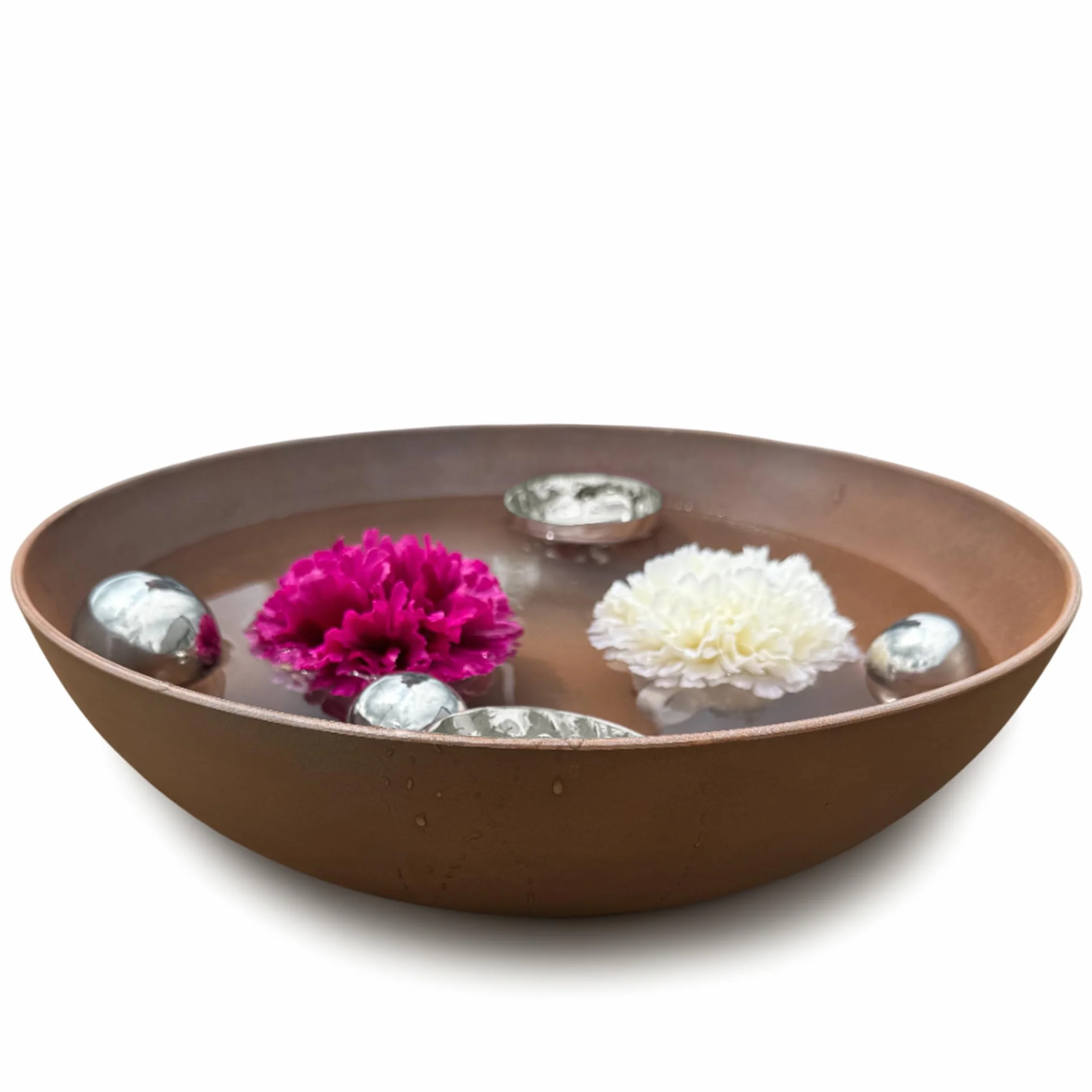 matches21 HOME & HOBBY Mini étang complet avec pot de fleurs bombé rouillé Ø 37 cm avec boules flottantes et photophores argentés