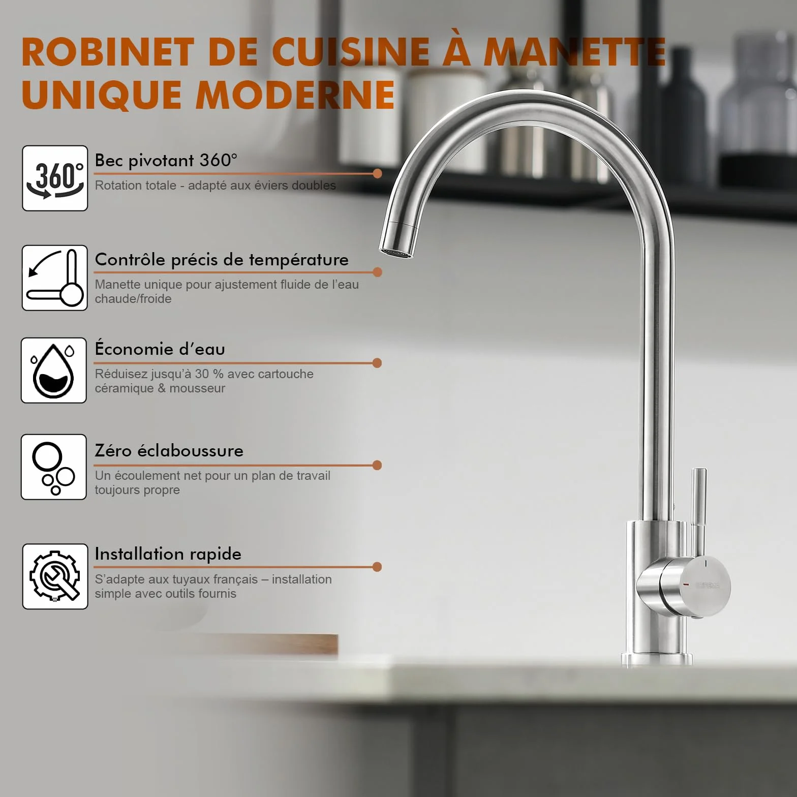 GRIFEMA G4008 Robinet de Cuisine Mitigeur Évier à Poignée Unique, Arc Élevé 360, Acier Inoxydable