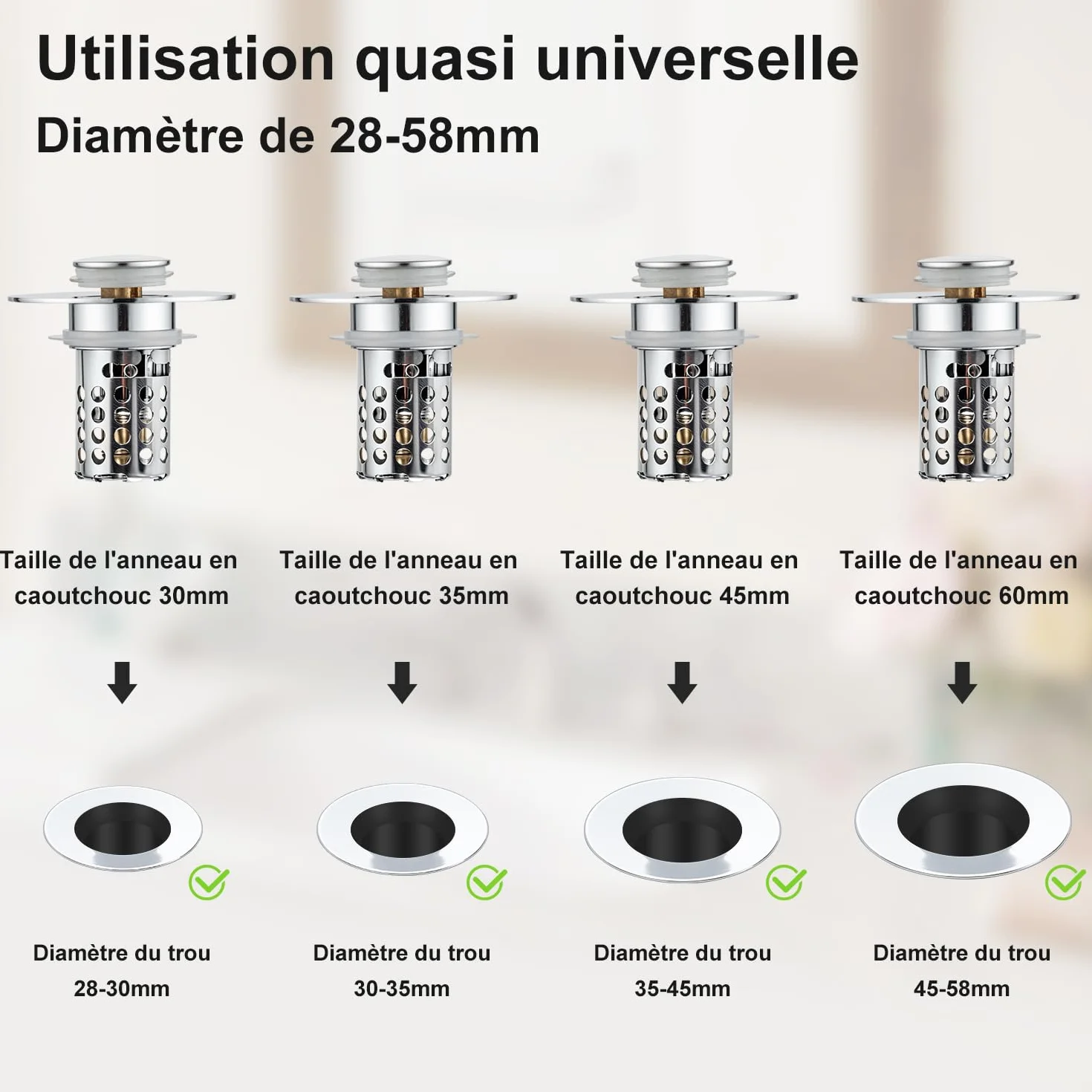 Lot de 2 filtres de vidange Pop-up 3 en 1 Acier Inoxydable Tamis Panier filtrant Amovible pour lavabo 28-58 mm Noyau sphérique Laiton chromé