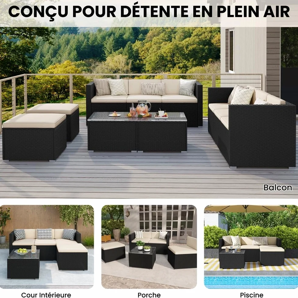 Yaheetech Salon de Jardin Exterieur 4 Personnes en Polyrotin Ensemble Mobilier de Jardin 5 Pièces avec 3 Canapé Modulables 1 Table Basse 1 Ottomane pour Balcon Bistro Patio Terrasse Noir/Beige