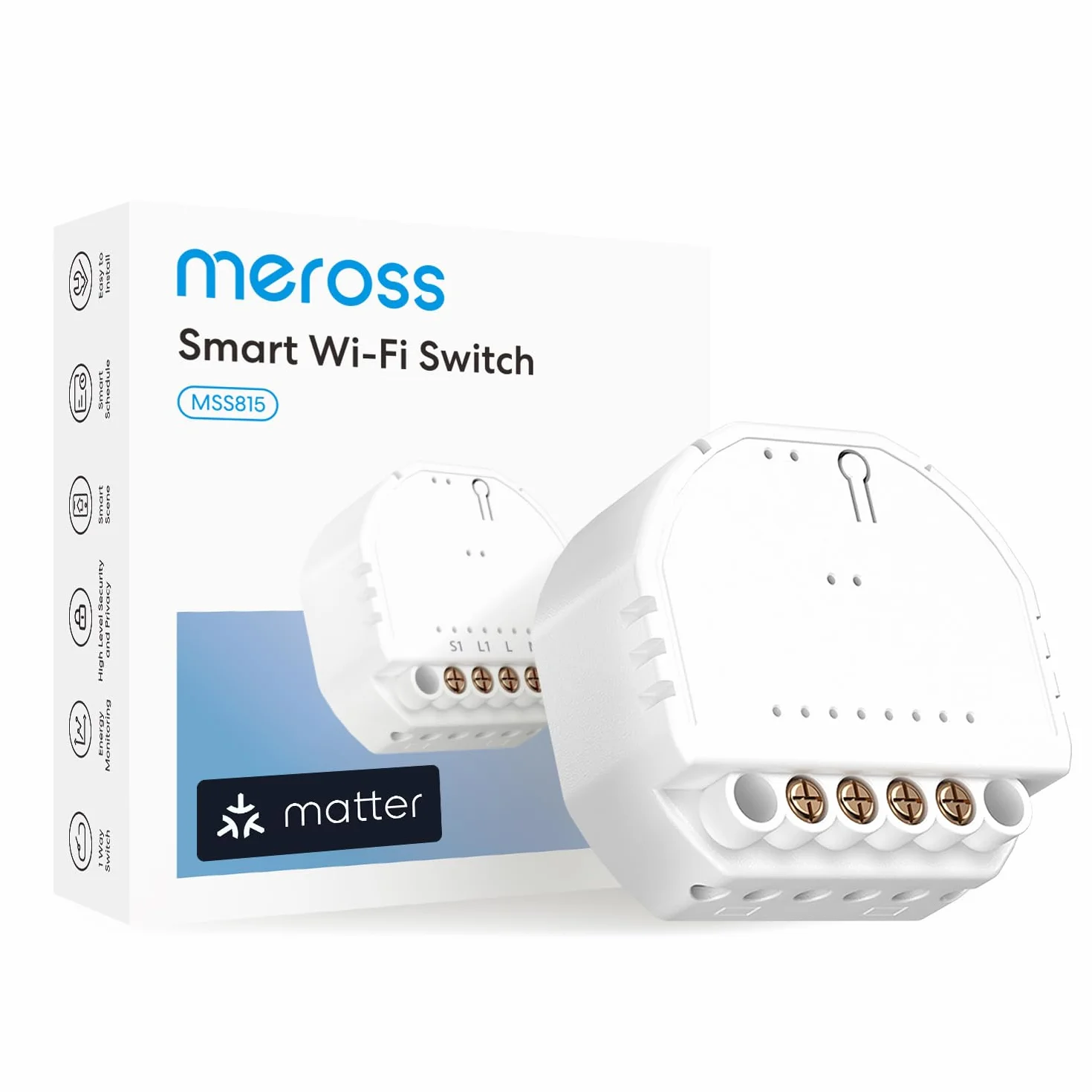 Meross Interrupteur Connecté Matter 60mm Fil Neutre Requis Commande Éclairage Suivi Conso Énergie Compatible Apple HomeKit Alexa Google Home