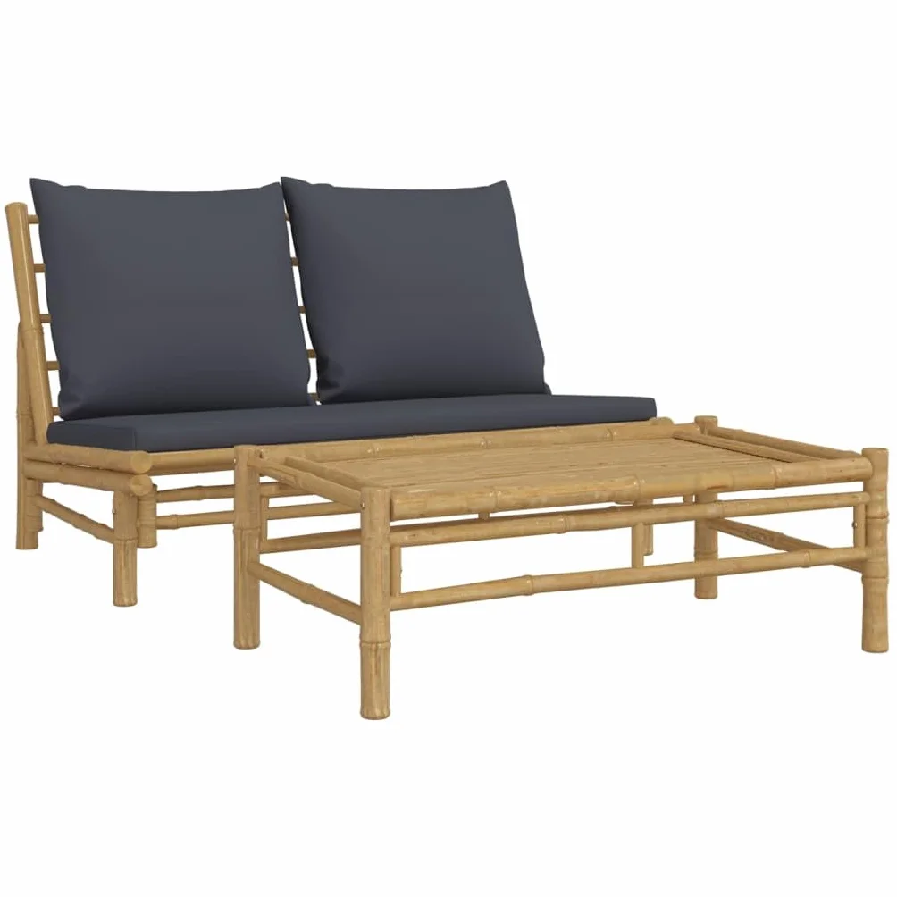 Ensemble salon de jardin, 2 pièces, en bambou naturel, avec coussins gris foncé, robuste, pour terrasse, balcon et véranda, ensemble de patio confortable