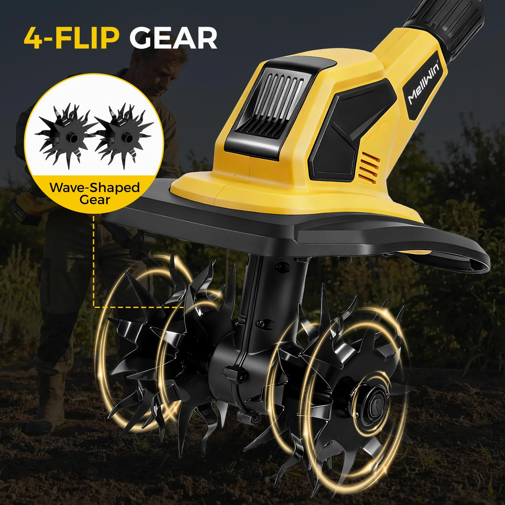 Motoculteur électrique avec 2 Batteries 4000 mAh 21 V, sans balais, motoculteur Rotatif 360 TR/Min avec Fraises en Acier,motobineuse Electrique Largeur de Travail 24 cm et Profondeur 17 cm
