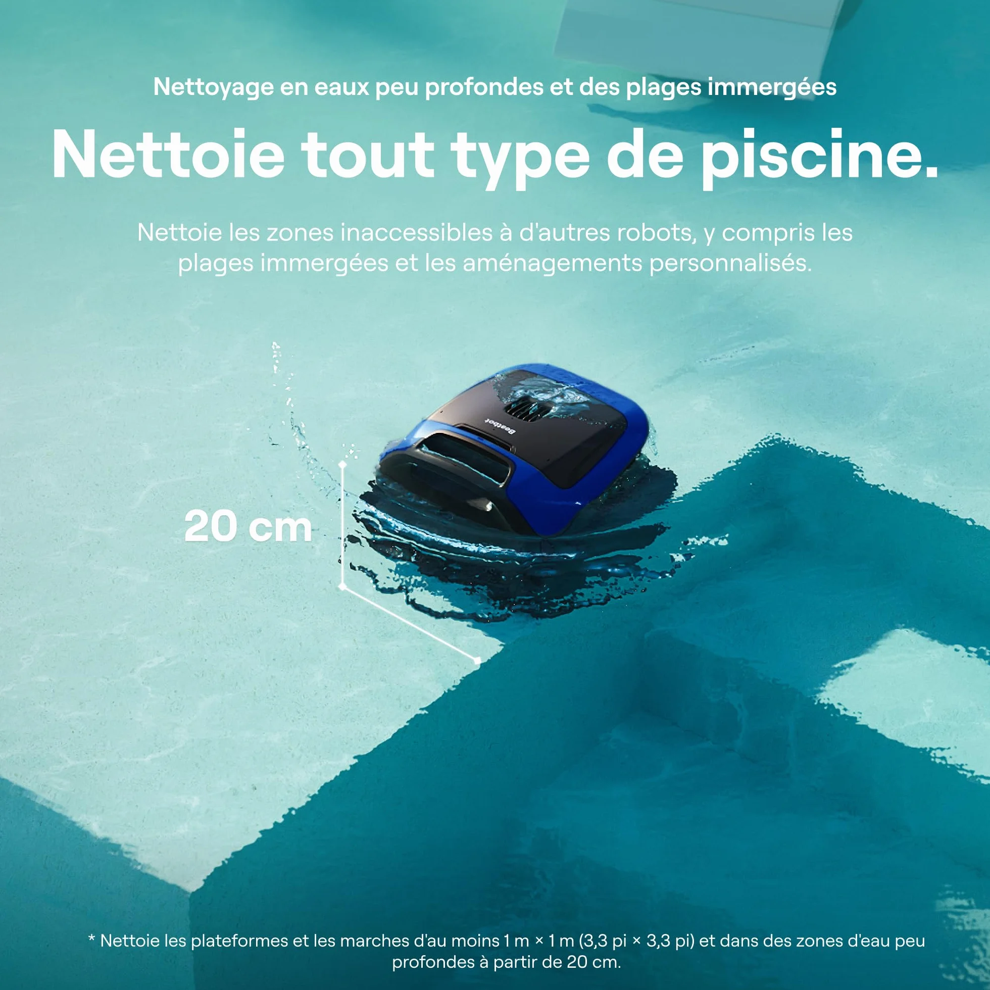 Beatbot Sora 30 Robot Piscine sans Fil, Nettoyage 3-en-1 Fond/Parois/Ligne d'eau, Filtre 5L, Aspirateur Connecté Bleu