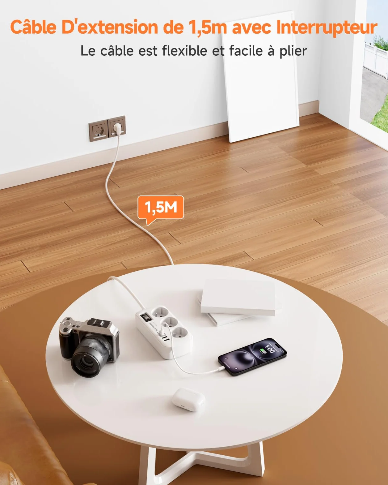 Multiprise 3 Prises 4 USB 2 USB-C Parafoudre Surtension Interrupteur Câble 1,5 m Fixation Murale Blanc 16A 4000W