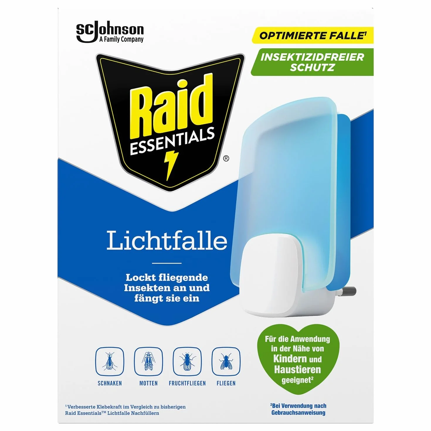 Raid Essentials Piège Lumineux LED pour Mouches, Mouches à Fruits et Mites, Protection 24/7, sans Insecticide, adapté à la Famille, sans Odeur et sans résidus, pour l'intérieur, 1 piège Lumineux et 1