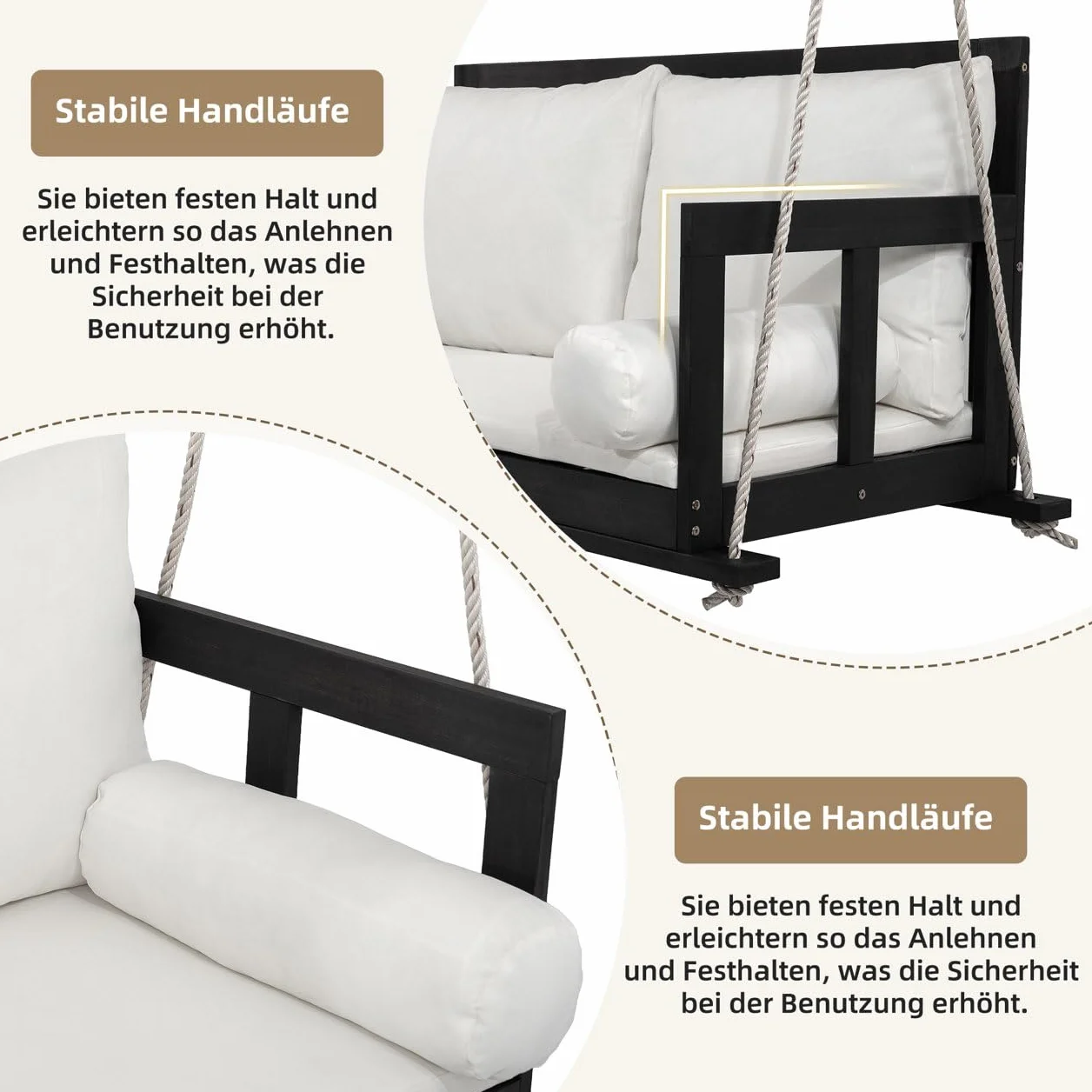 Merax Balançoire double en bois d'acacia, balançoire suspendue pour jardin avec coussin amovible et lavable, coussin d'accoudoir et 2 cordes de suspension, bois massif, noir