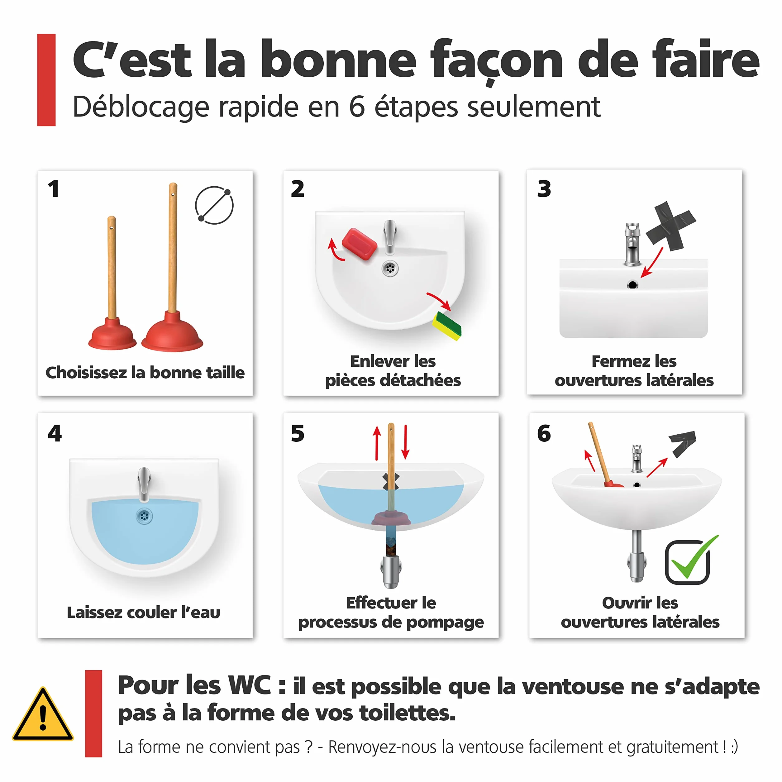 Nirox Déboucheur à ventouse 110 140 mm Débouchage canalisation avec poignées en bois sans produits chimiques
