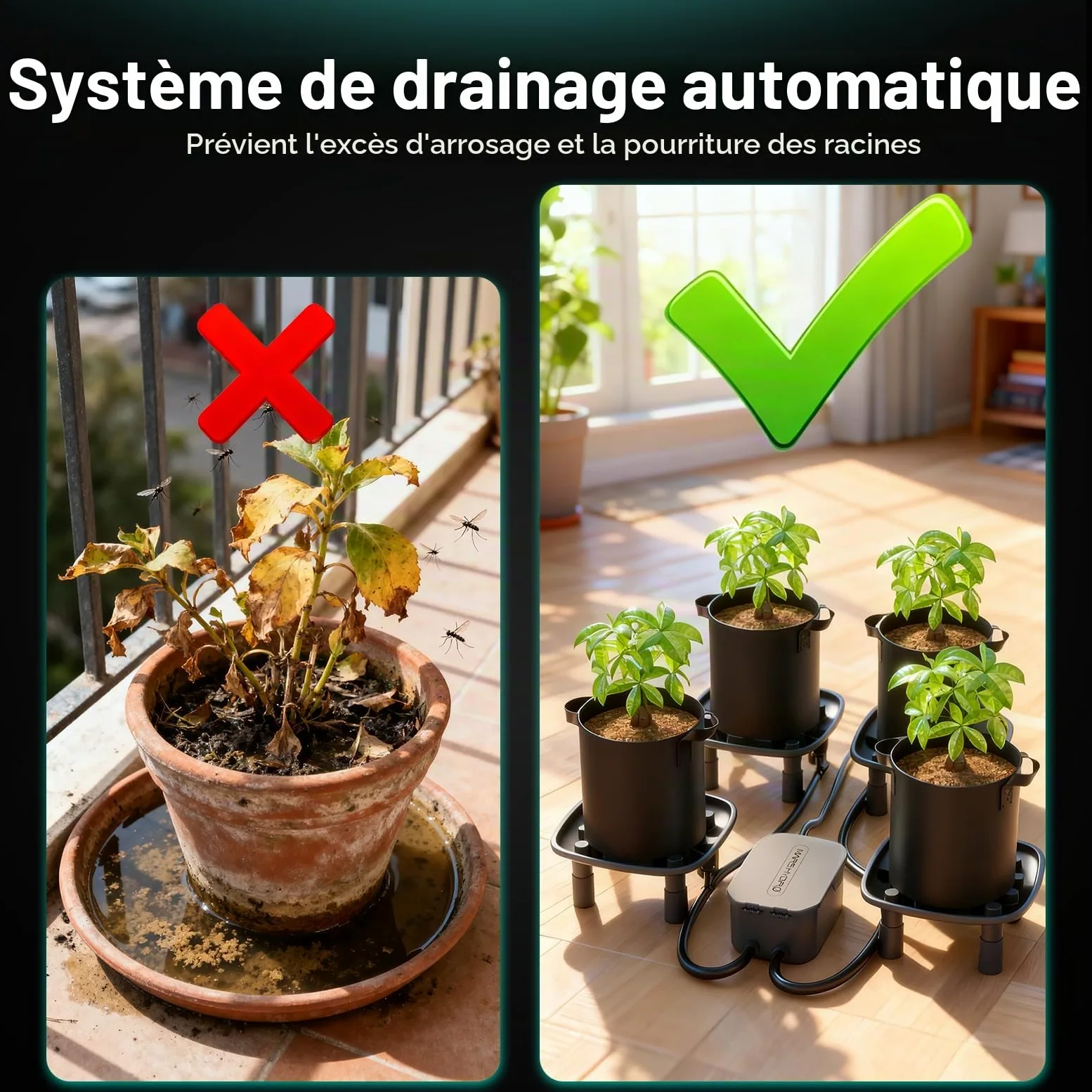 MARS HYDRO Système de drainage automatique - 4 bols + 1 pompe + 4 sacs de plantation (18,9 l) - Pour plantes en pot