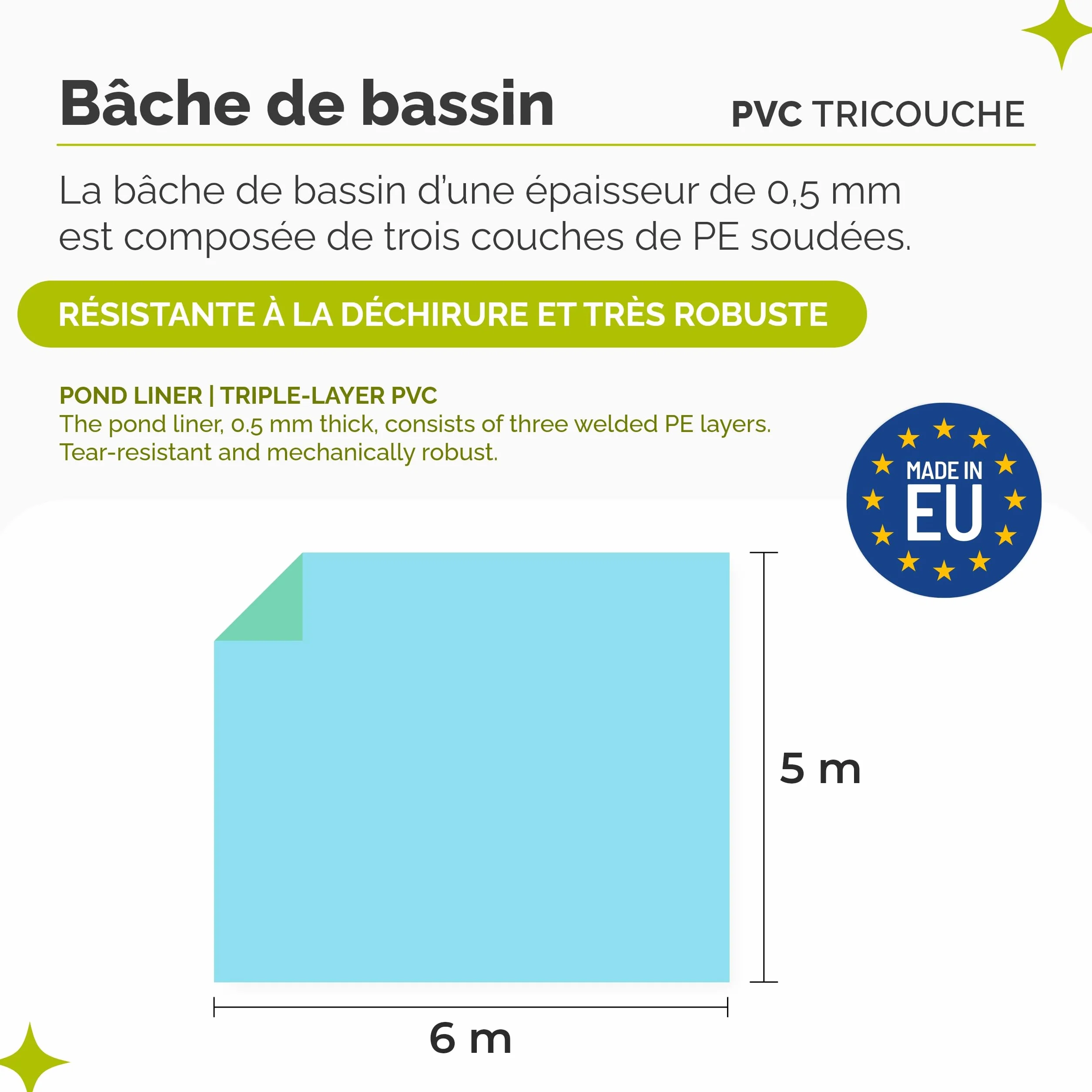 Bâche pour Bassin Extérieur 6x5m (30m²) Liner Étanche PE 0,5mm Résistant UV 3 Couches Bleu-Vert
