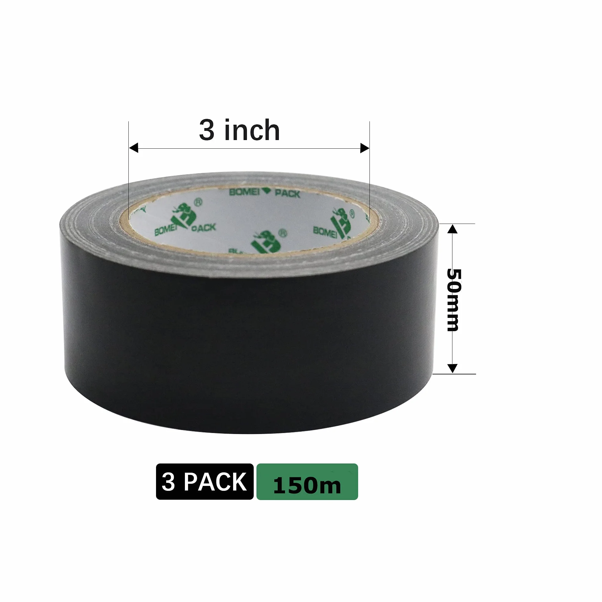 BOMEI PACK Ruban Adhésif Toilé Noir, Heavy Duty Duct Tape 3 Rouleaux 50 mm x 50 m