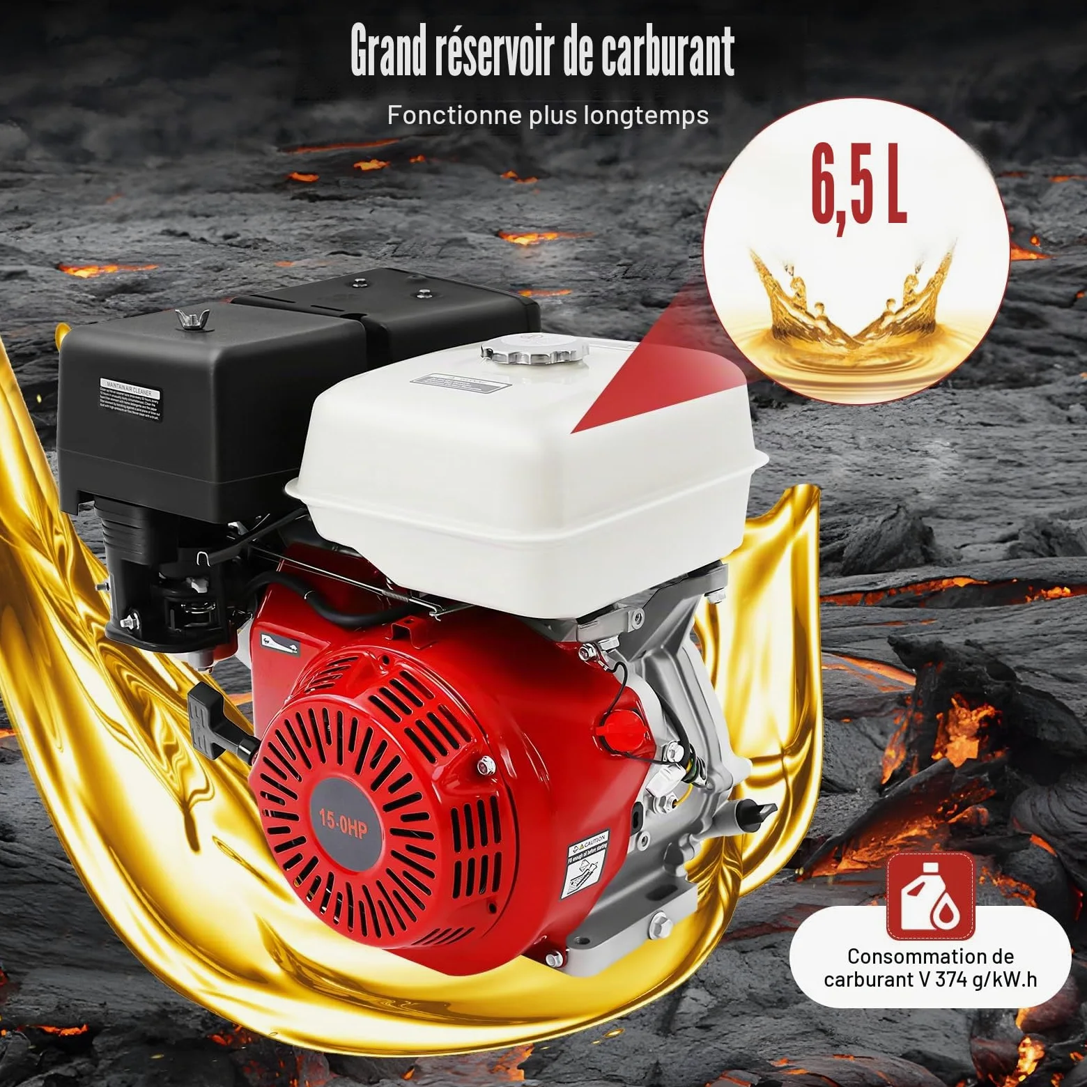 Moteur à essence 4 temps 15 CV 420 cc - Moteur sur pied - Moteur de kart - Moteur industriel - Monocylindre refroidi par air 9,7 kW - 3600 tr/min - Pour karts, pompes à eau, pelleteuses et