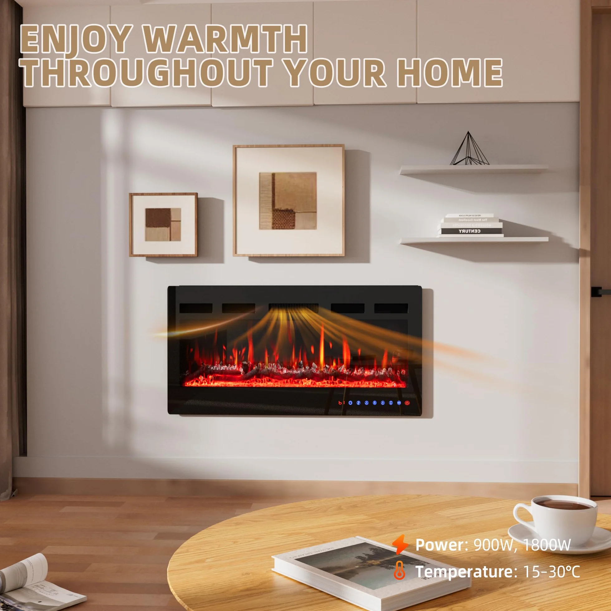 Cheminée Électrique 36" 92cm 900W 1800W Flammes 12 Couleurs Thermostat Précis 15-30°C Écran Tactile Télécommande