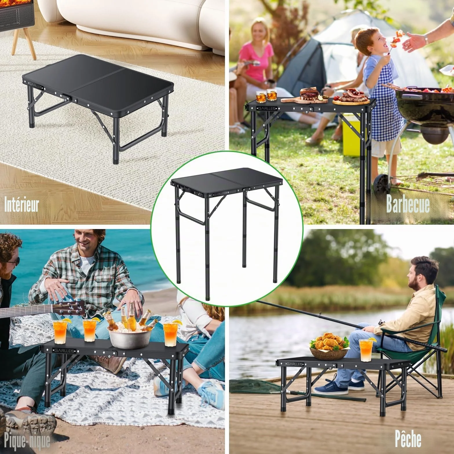 GARLLEN Table de Camping Pliante 58x40 cm 3 Hauteurs Réglables Noir