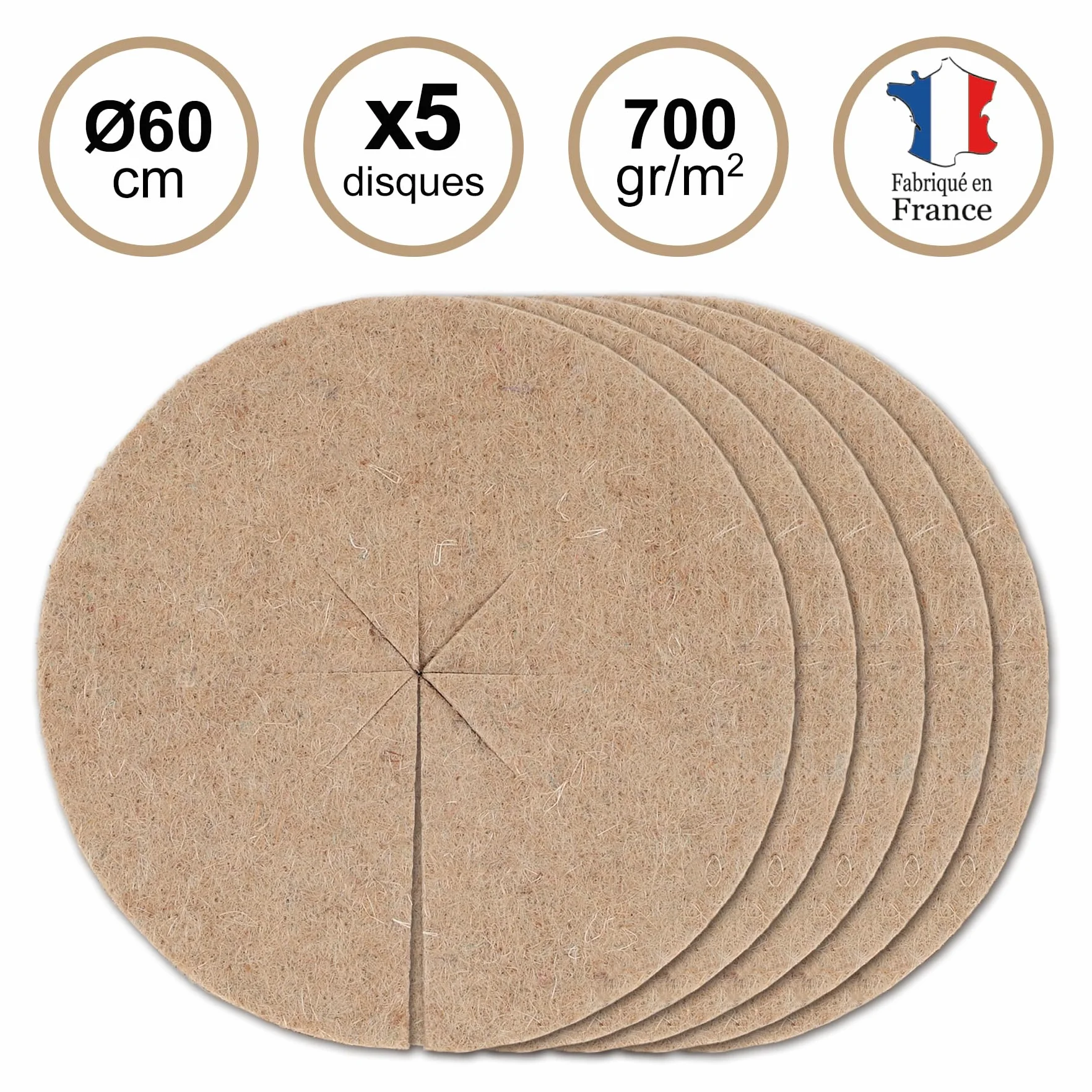 La cordeline Disques Paillage Ø60cm Feutre Jute 700gr/m² Lot 5 Protection Plante Mauvaises Herbes Gel Marron