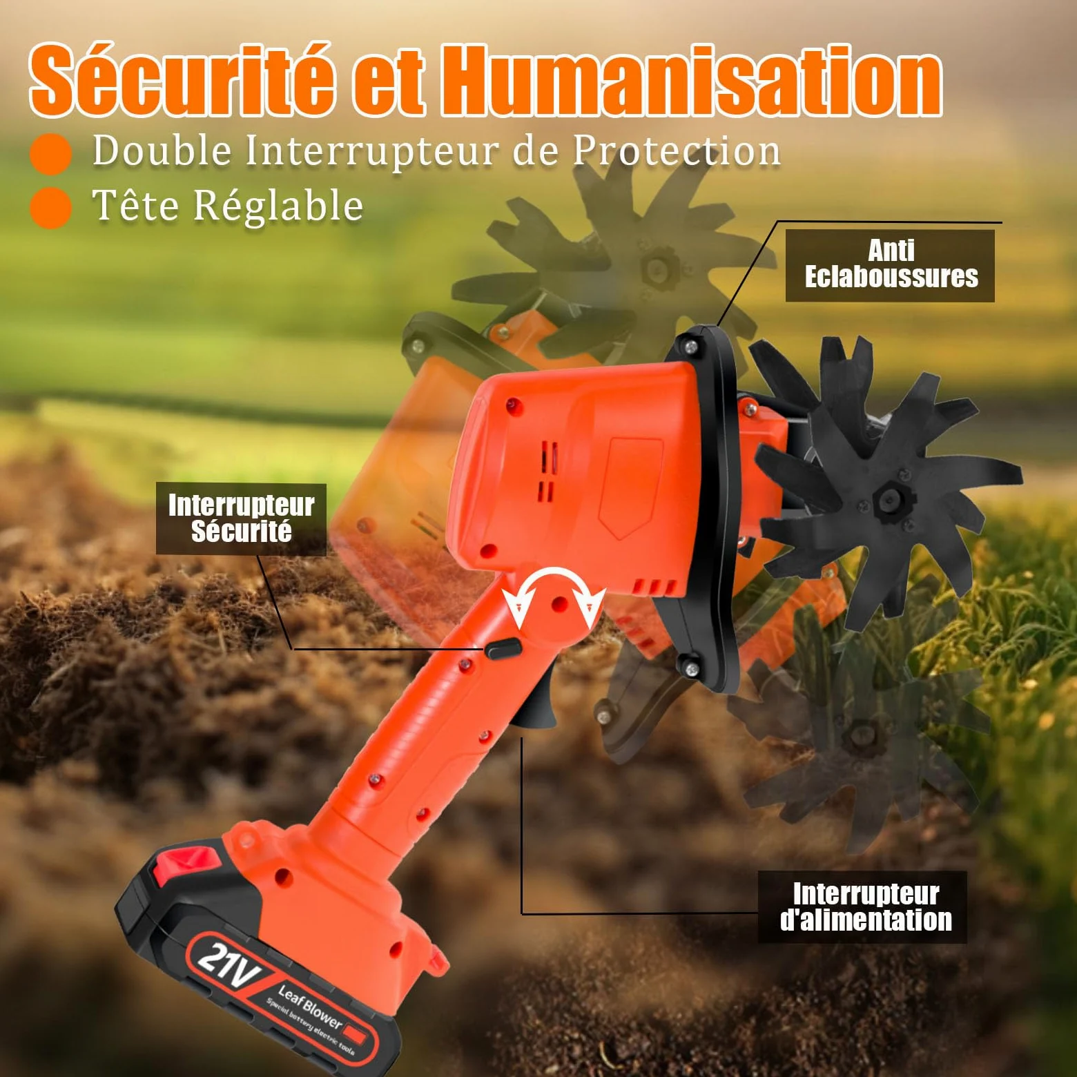 Motobineuse Électrique Sans Fil, 21V Motoculteur Portable avec Batterie et Charge, 235 RPM, Manche Amovible, Largeur/Profondeur de Travail 10/10 cm, Cultivateur pour Yard, Culture du Sol (2 Batteries)