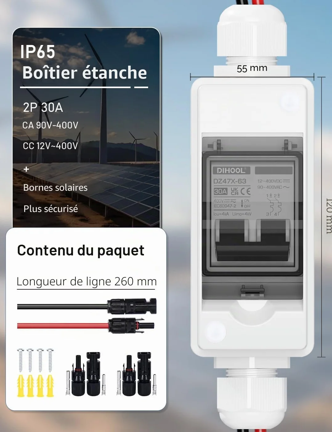 DIHOOL Interrupteur de déconnexion miniature DC 12V-400V IP65 pour MCB solaire 30A