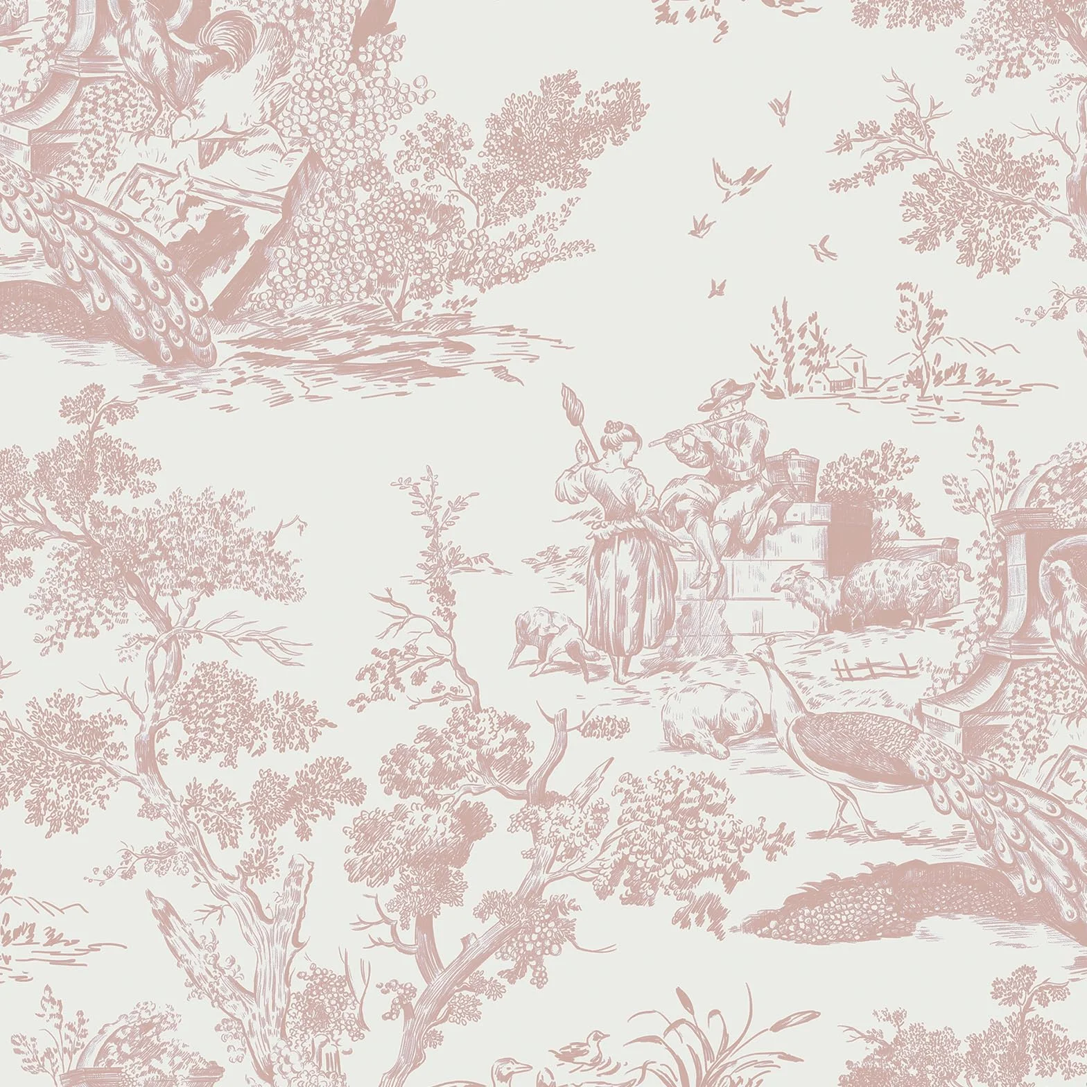 Papier Peint Autocollant Vintage 41 x 300 cm Vinyle Arbre Animaux Imperméable Rose Chambre