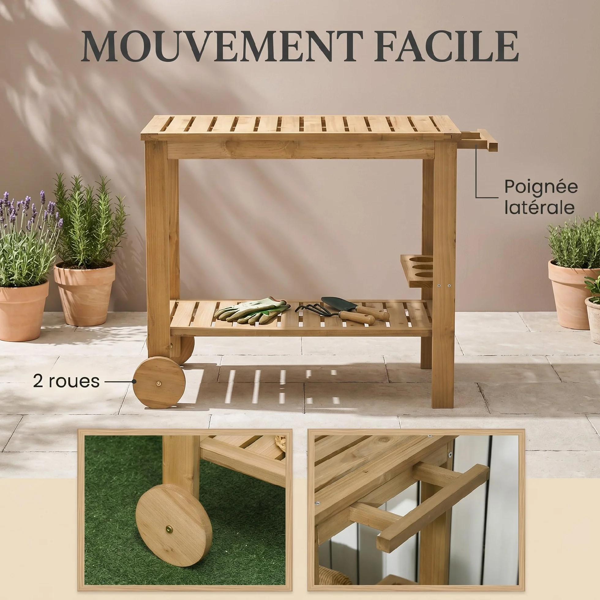 Outsunny Desserte de Jardin pour Plancha et Barbecue en Bois avec Chariot 95 x 47 x 74 cm