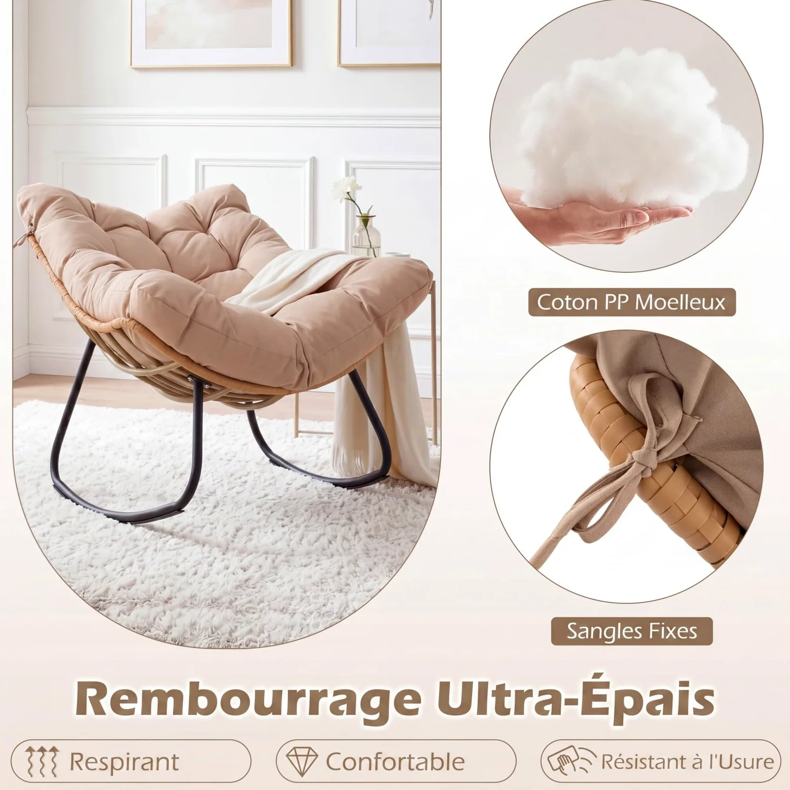 COSTWAY Fauteuil à Bascule Exterieur Interieur XXL, Fauteuil de Jardin en Rotin PE Tressé, Cadre en Métal, Coussin Épais Amovible, Rocking Chair pour Balcon Salon Porche, Charge 140 kg (Beige)