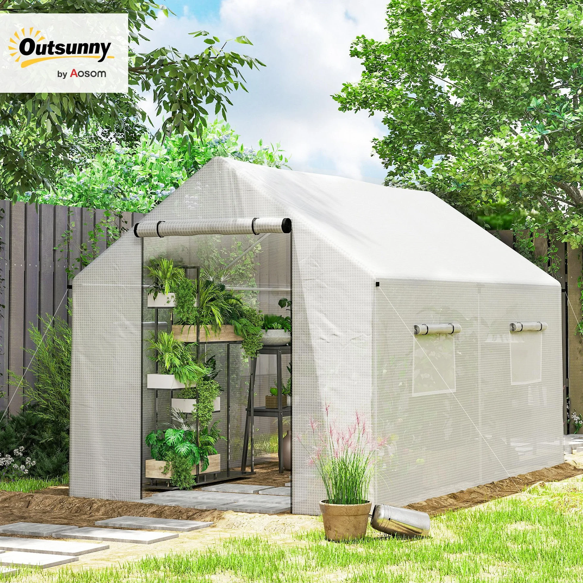 Outsunny Serre de Jardin Tunnel 2 x 3m, 6m² avec Porte Enroulable, 4 fenêtres, - Acier galvanisé PE Haute densité Blanc