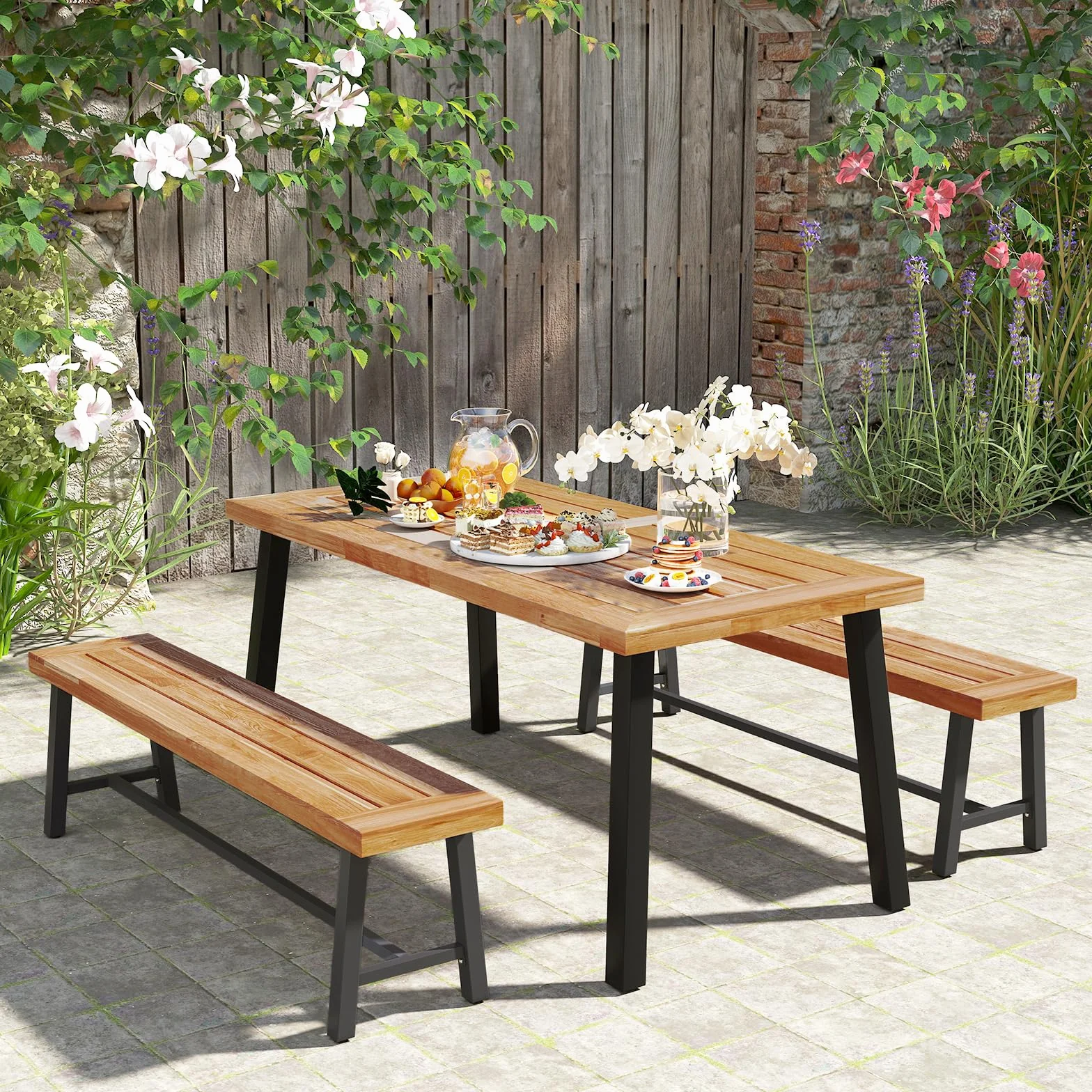 GOPLUS Banc de Terrasse de 160 cm, Banc de Salle à Manger Long en Bois d'Acacia, Siège d'Extérieur sans Dossier pour 3 Personnes, Capacité 360 KG, pour Porche, Cour, Jardin (160x32x45cm,2)
