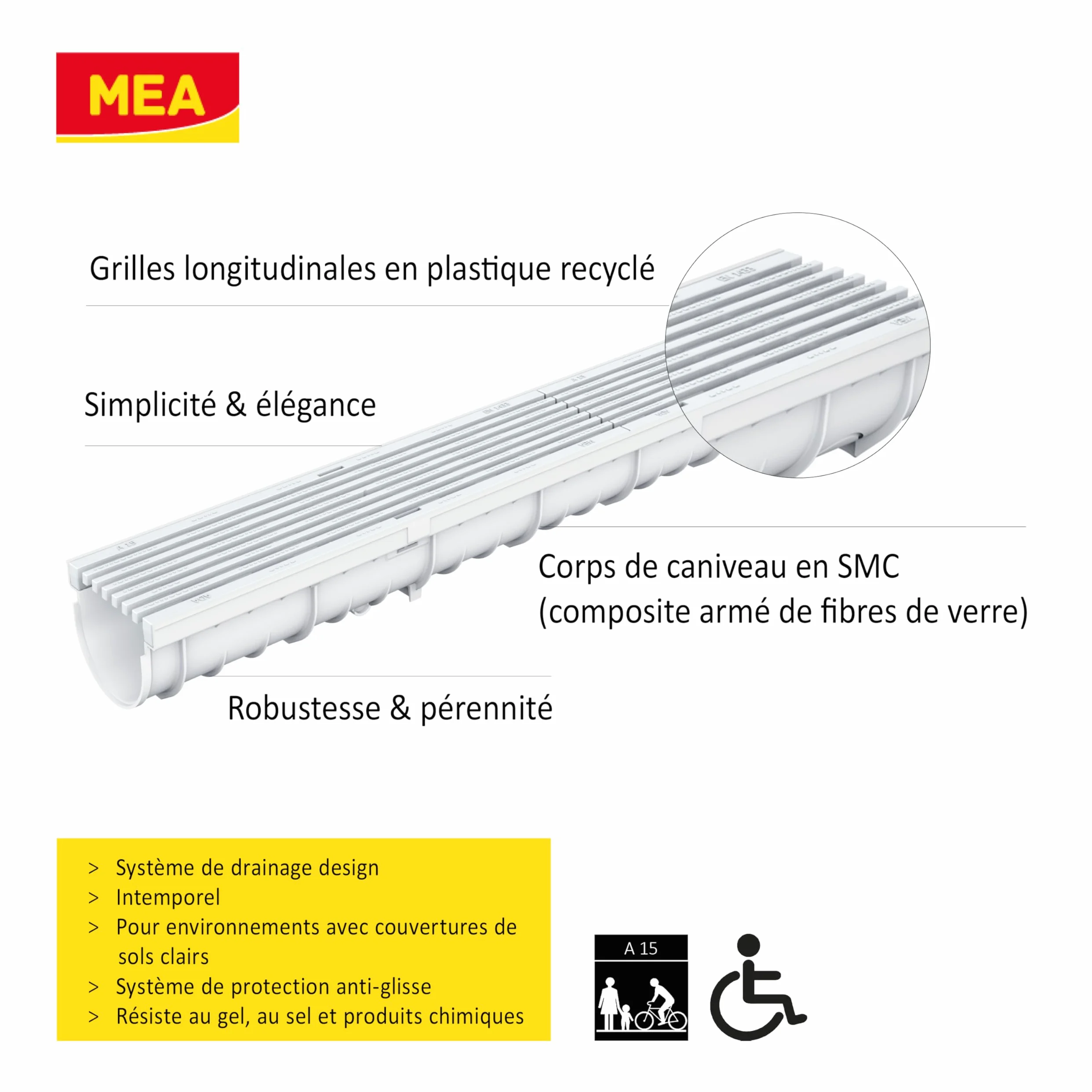 MEA Pack de 6 Caniveaux Extérieurs DECOLINE – Grille en Plastique Recyclé Gris – Drainage Terrasse, Piscine, Jardin – Classe A15 Piéton – Largeur utile 10 cm