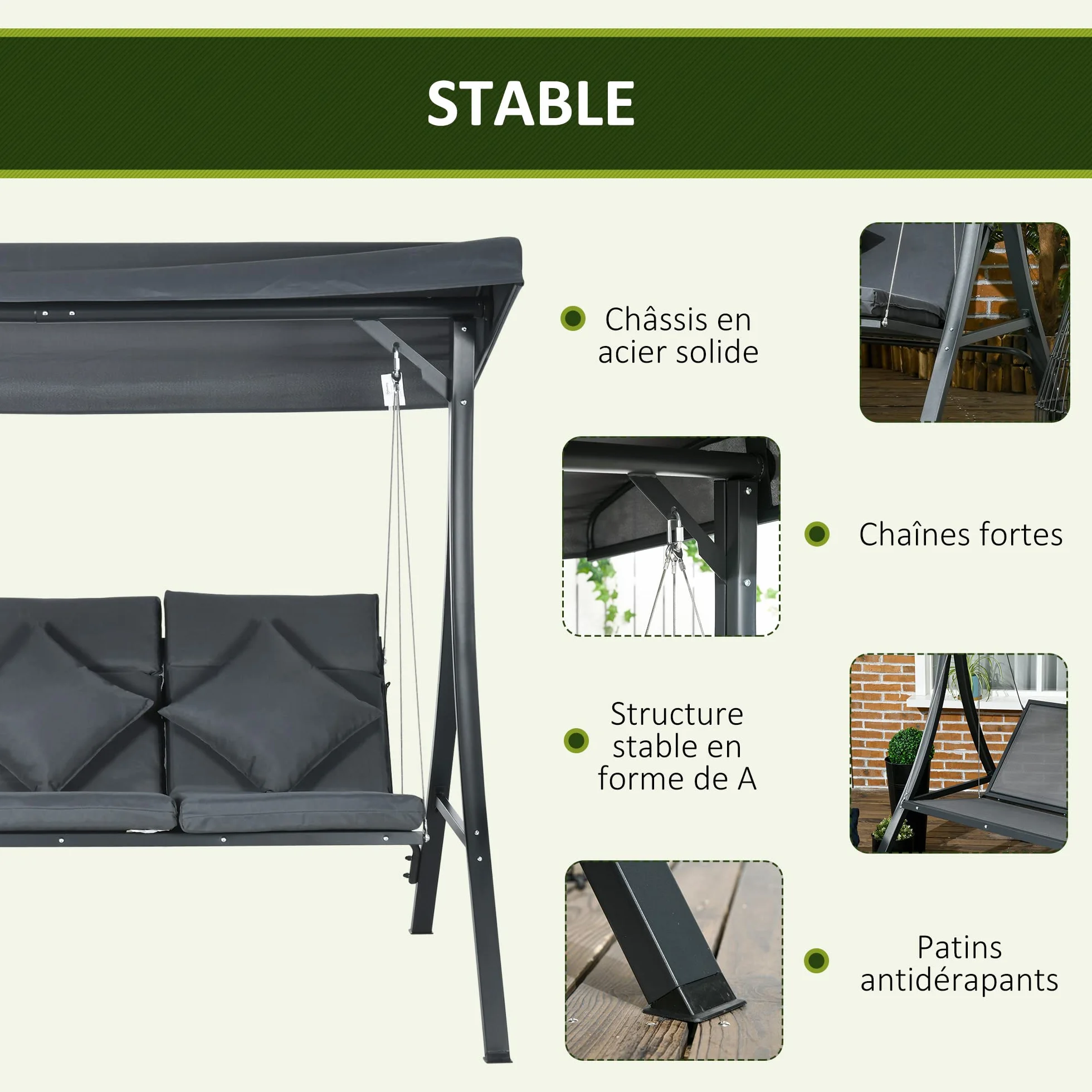 Outsunny Balancelle de Jardin 3 Places Grand Confort Acier Polyester 202x115x168 cm Gris foncé