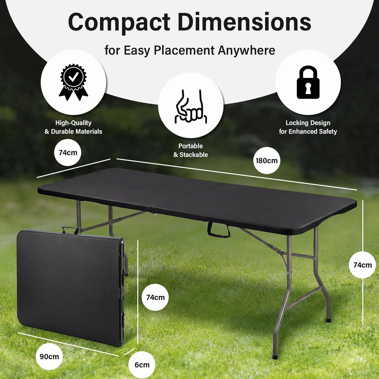 DEWINNER Table Pliante Camping 180 cm 150 kg HDPE 6 Places Noir