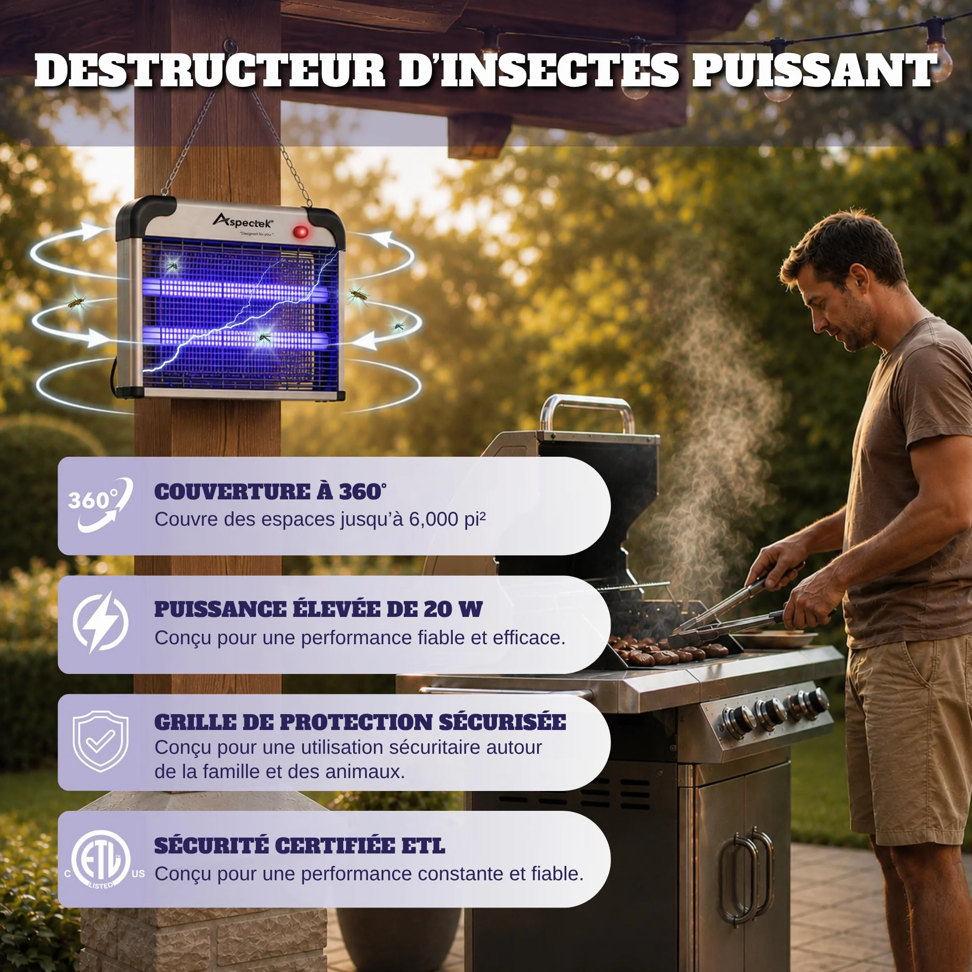 ASPECTEK Piège à Insectes Électrique 20W UV 2800V Tue-Moustiques Mouches Moucherons