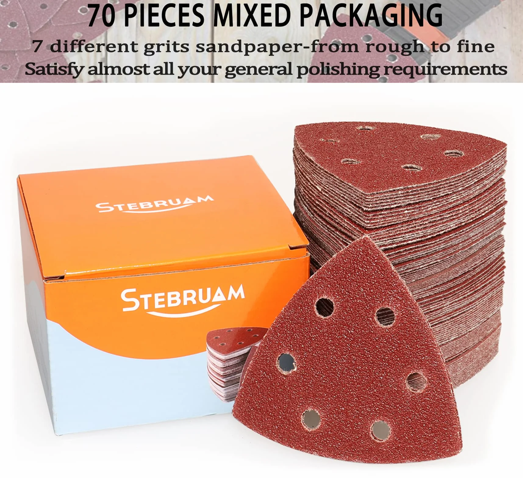 Delta-Triangles de Ponçage 70 Pièces Mixpack 10 x Grain 60/80/120/180/240/320/400, 93 x 93 x 93 mm