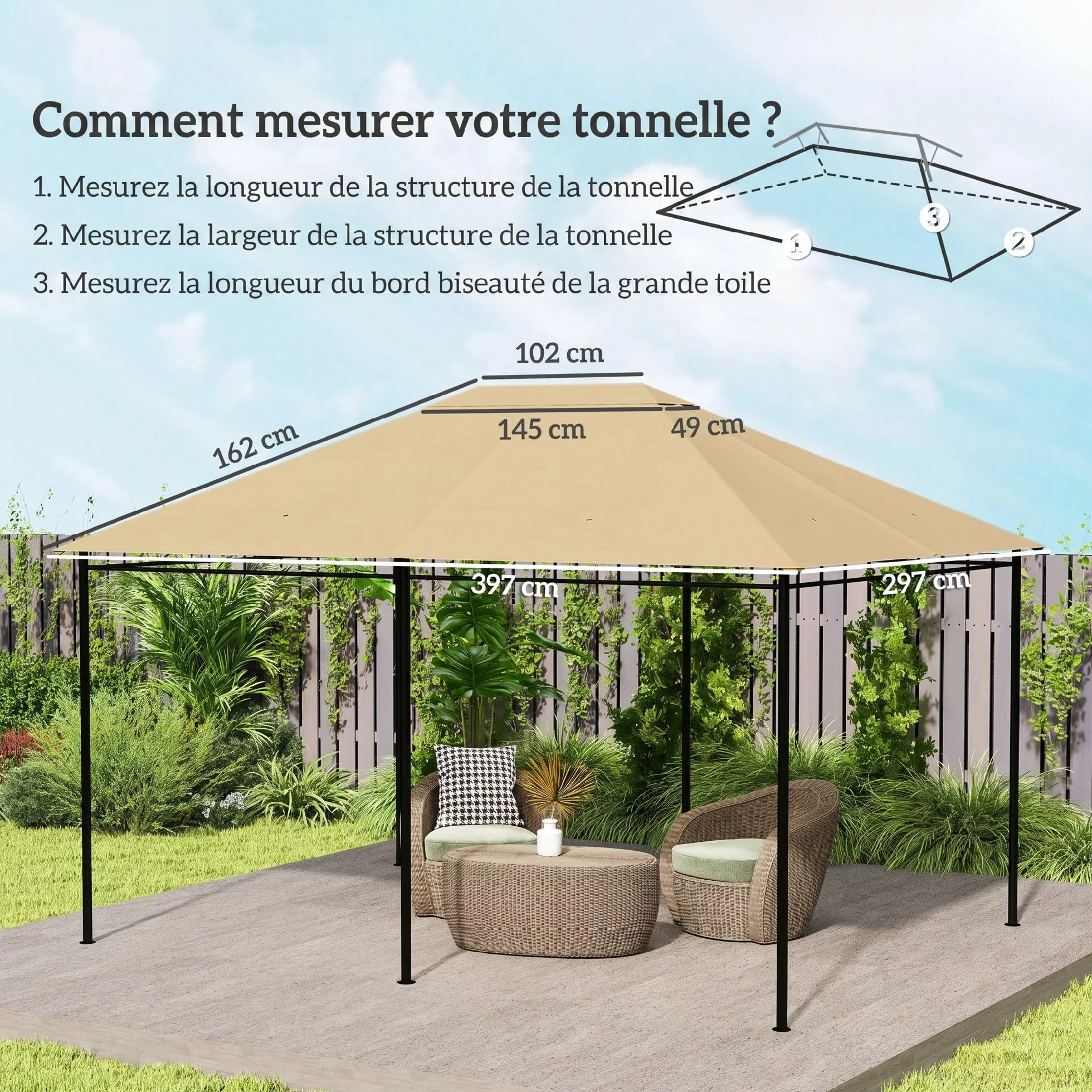 Outsunny Toile de Remplacement pour Tonnelle Gazebo Jardin Polyester Haute densité 180 g/m² Anti-UV 3 x 4 m Kaki