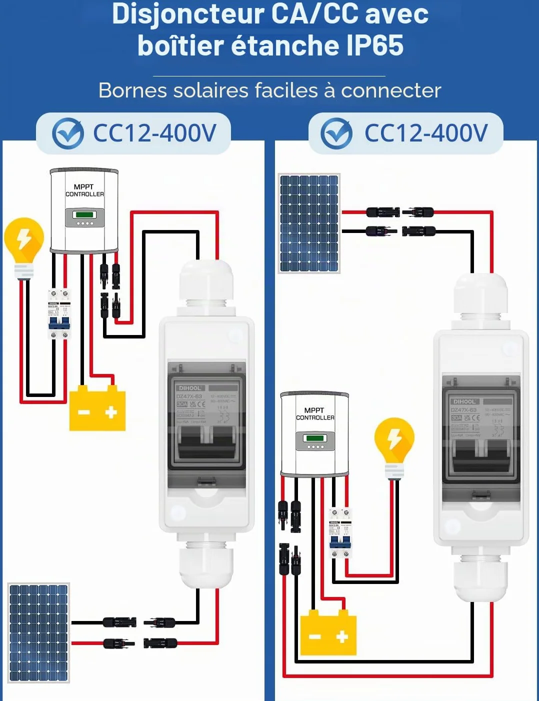 DIHOOL Interrupteur de déconnexion miniature DC 12V-400V IP65 pour MCB solaire 30A