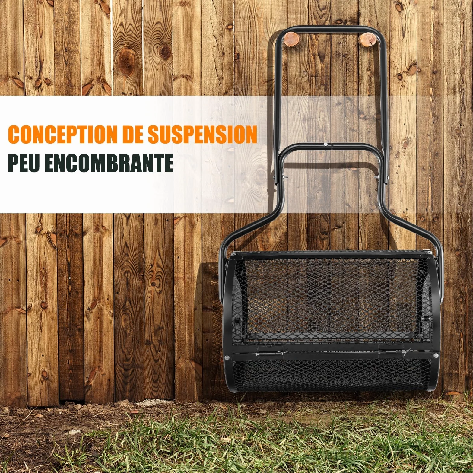 GOPLUS Épandeur de Compost d68cm pour Pelouses et Jardin, Capacité 75L, Épandeur en Treillis Métallique avec Double Loquets Latéraux, Épandeur de Fumier, de Terreau et de Paillis Roulant (Noir)
