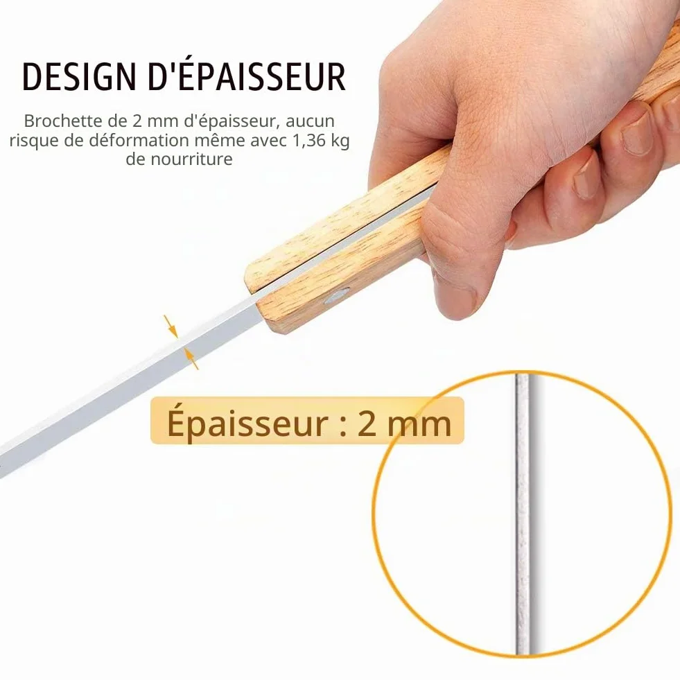 Goutime brochettes pour barbecue,Brochettes extra longues de 60cm en acier inoxydable avec Poignée en chêne massif,ensemble de 7