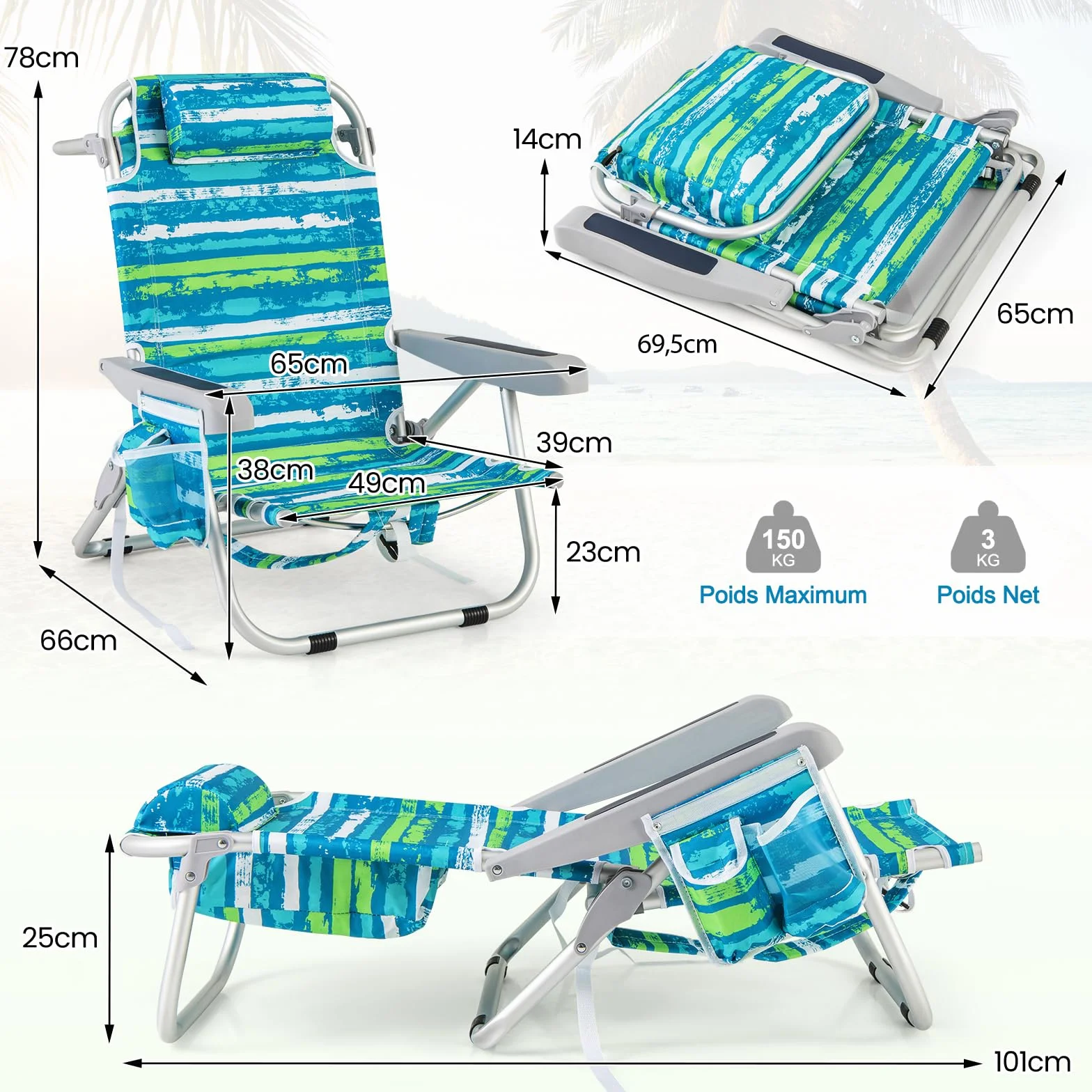 COSTWAY Chaise Longue Pliable 5 Positions Réglable Porte-Gobelet Charge 150 kg Vert