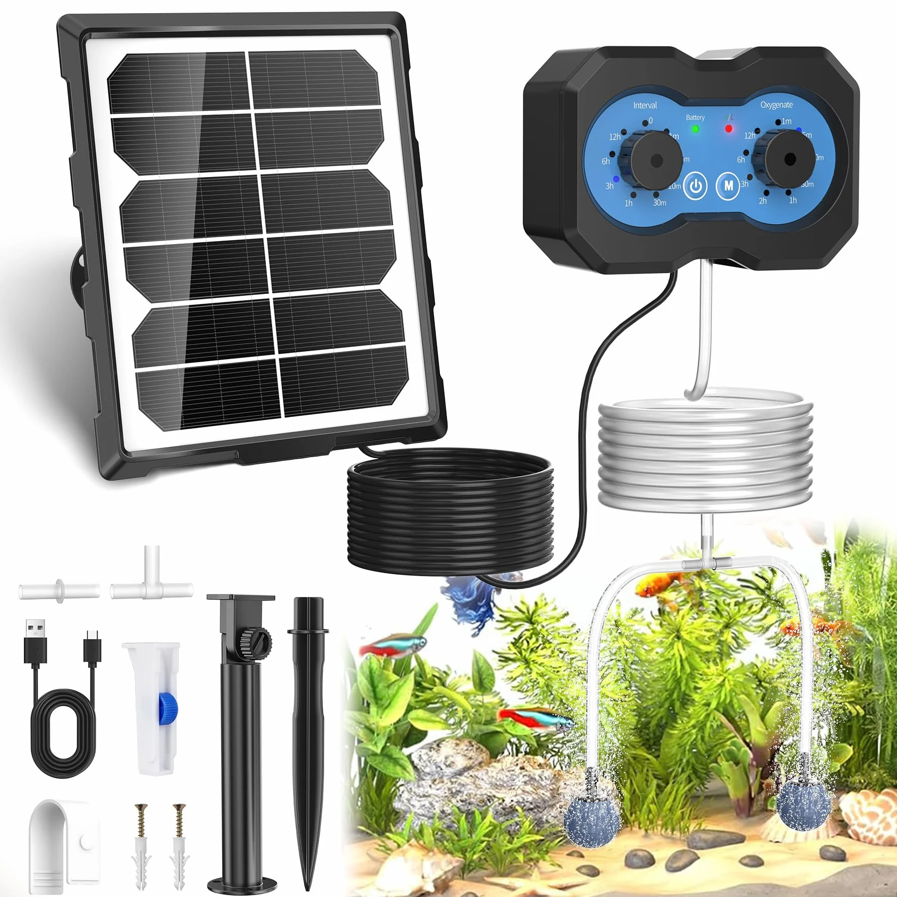 Forever Speed Aérateur de Bassin Solaire avec Batterie 2200mAh, 146 Modes Réglables Pompe à oxygène Solaire pour Petit Etang, Aquarium, Bulleur Bassin Exterieur Solaire Double Charge USB | Aérateur de Bassin Solaire avec Batterie 2200mAh avec 146 modes Ré