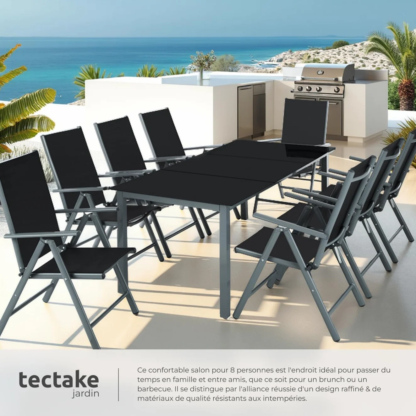 Tectake Salon de Jardin Extérieur en Aluminium 8 Fauteuils Inclinables Pliables 1 Table Mobilier Balcon Terrasse