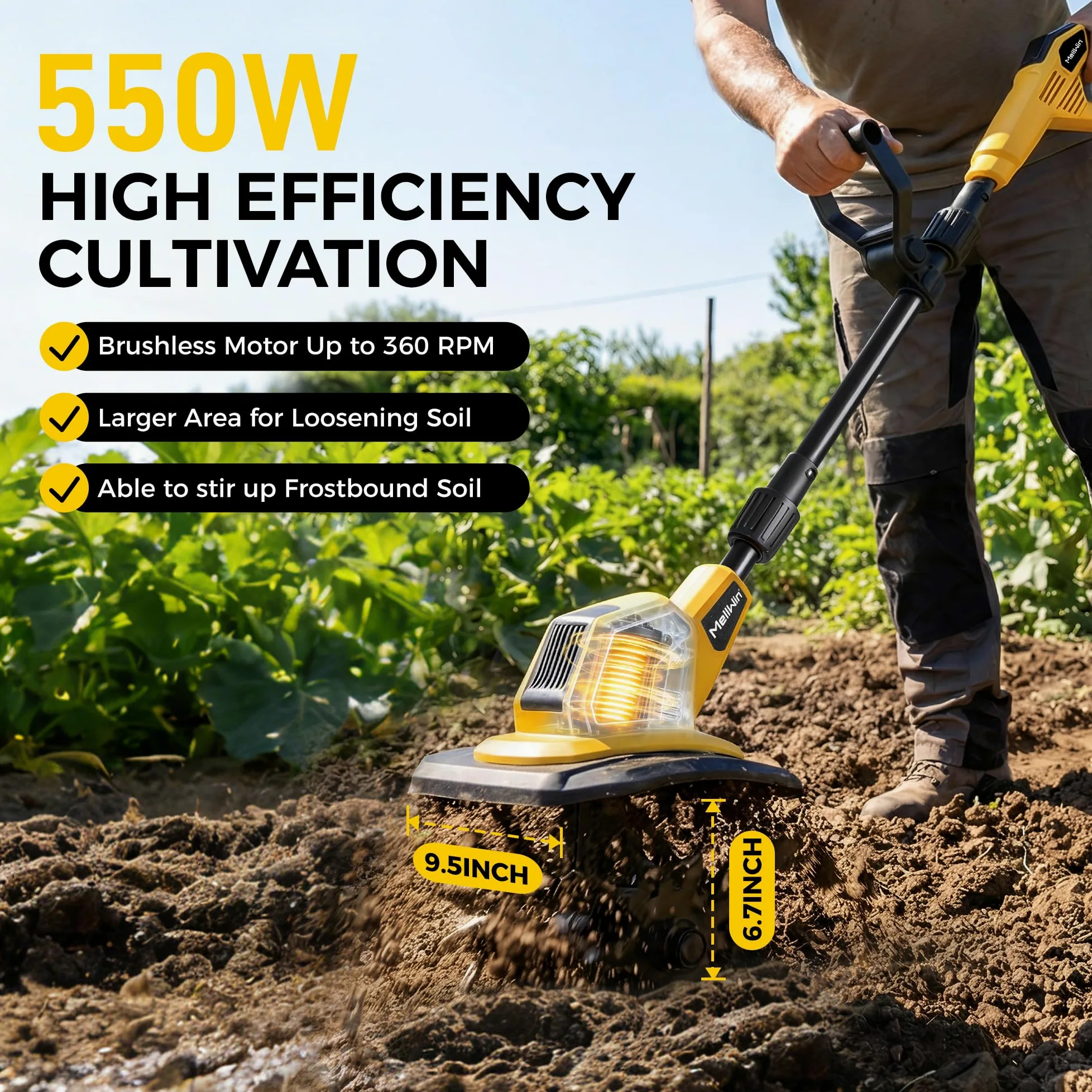 Motoculteur électrique avec 2 Batteries 4000 mAh 21 V, sans balais, motoculteur Rotatif 360 TR/Min avec Fraises en Acier,motobineuse Electrique Largeur de Travail 24 cm et Profondeur 17 cm