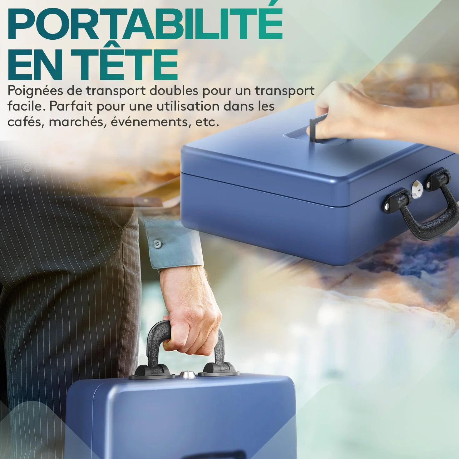 ACROPAQ Caisse monnaie grande professionelle avec monnayeur et 2 clés, Bleu
